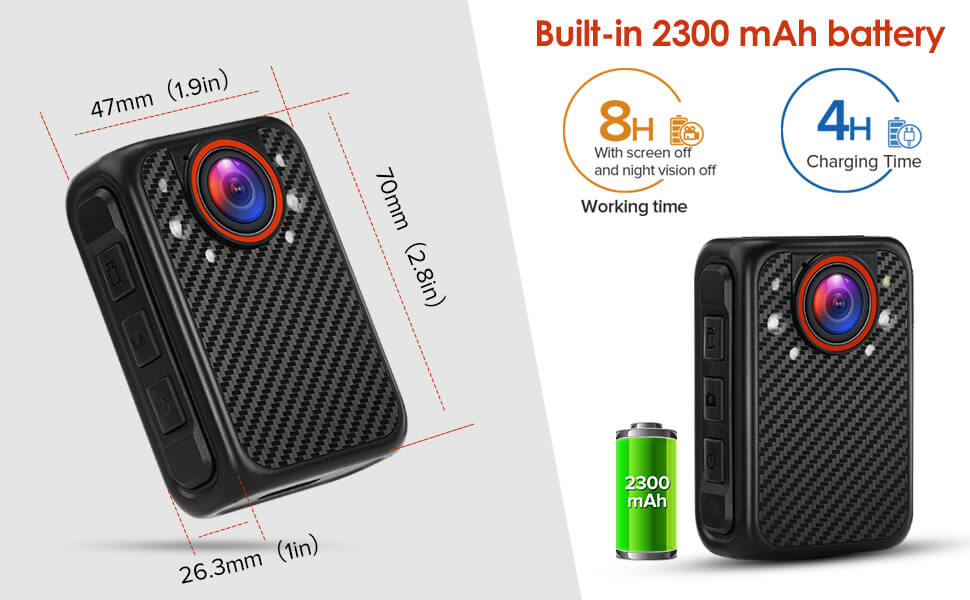BOBLOVE X1 Camera's size is 70mm×47mm×26.3mm,it can record time continuously for 8 hours