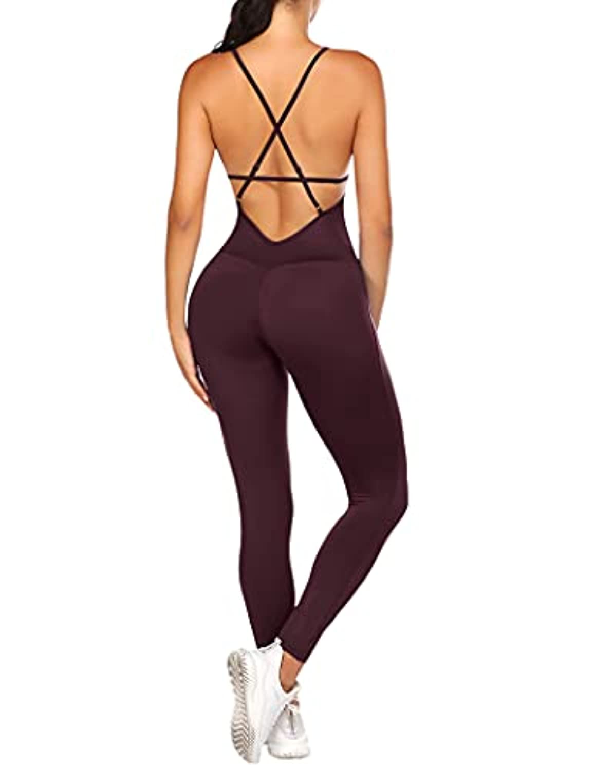 COOrun Women One Piece Activewear Butt Lift Blackless Yoga Pants Bodycon Jumpsuit Fitness Workout Sport Gym Yoga Bodysuit-Wine Red