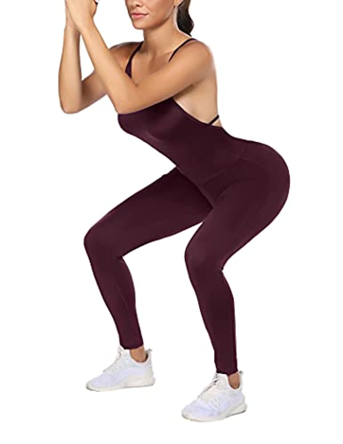 COOrun Women One Piece Activewear Butt Lift Blackless Yoga Pants Bodycon Jumpsuit Fitness Workout Sport Gym Yoga Bodysuit-Wine Red