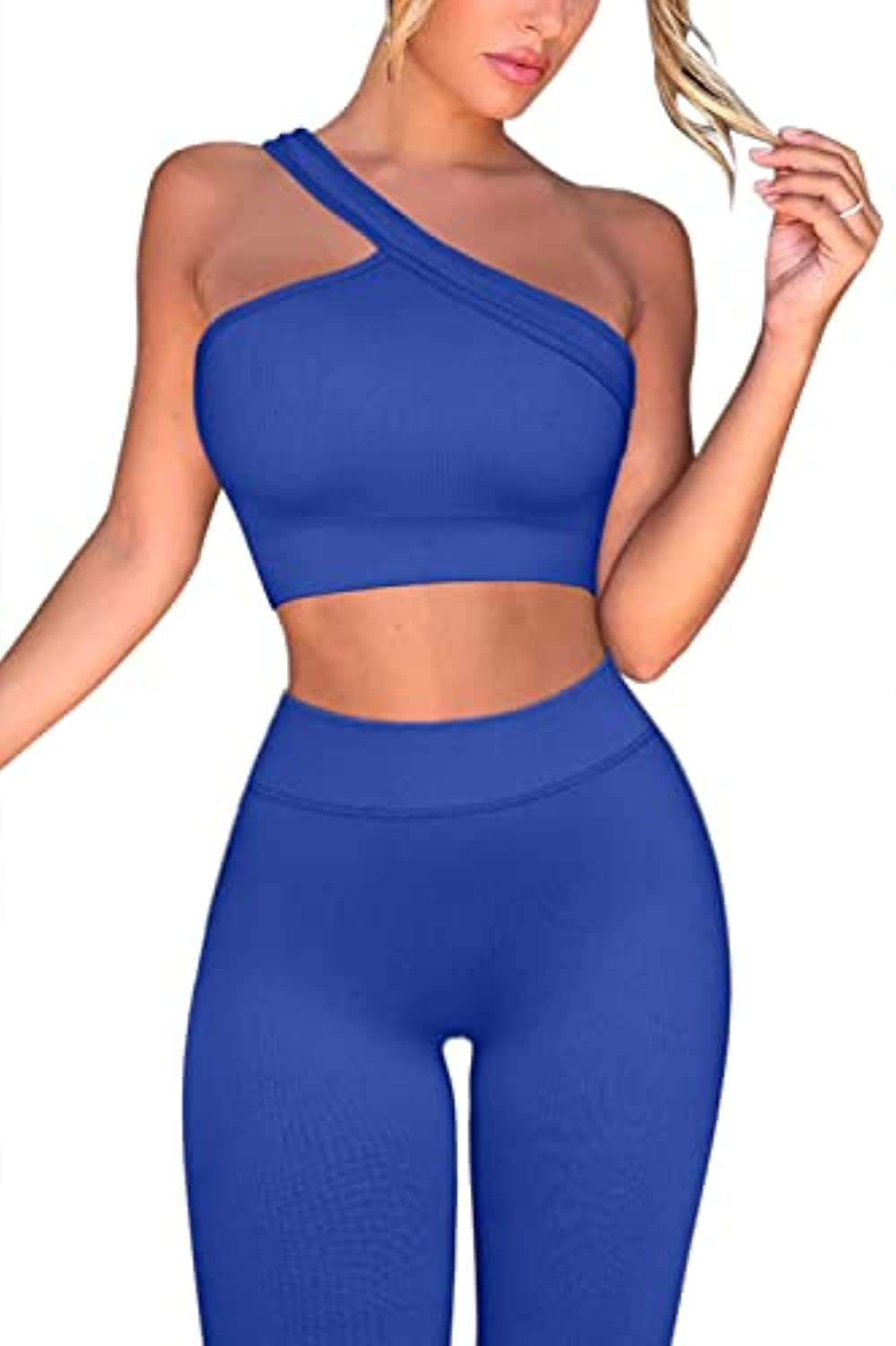QINSEN Seamless Ribbed GMY Yoga 2 Piece Outfits for Women One Shoulder Sport Bra High Waist Leggings Workout Sets