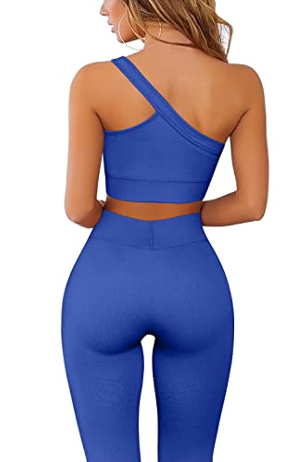 QINSEN Seamless Ribbed GMY Yoga 2 Piece Outfits for Women One Shoulder Sport Bra High Waist Leggings Workout Sets