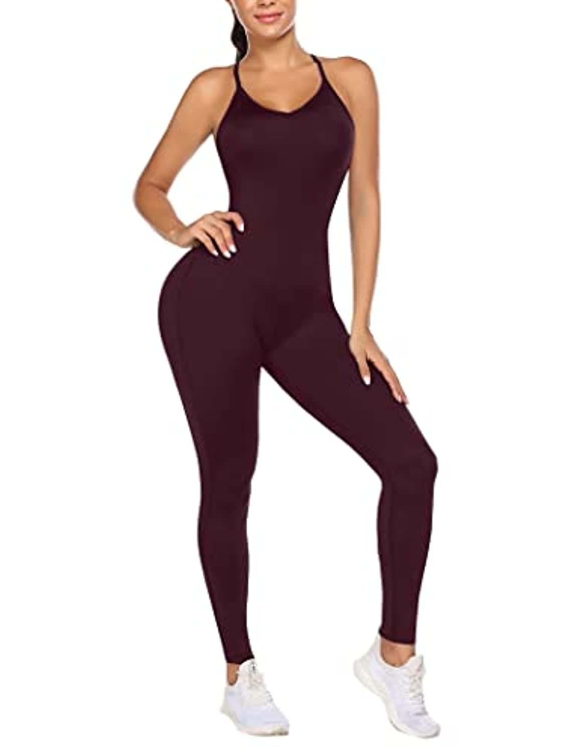 COOrun Women One Piece Activewear Butt Lift Blackless Yoga Pants Bodycon Jumpsuit Fitness Workout Sport Gym Yoga Bodysuit-Wine Red