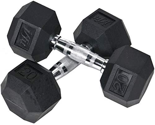 JFIT Rubber Hex Dumbbell - 15 Size, Single and Pair Options, 4-50lbs - Shaped Heads Prevent Rolling and Injury - Ergonomic Hand Weights for Exercise, Therapy, Muscle, Strength and Weight Training