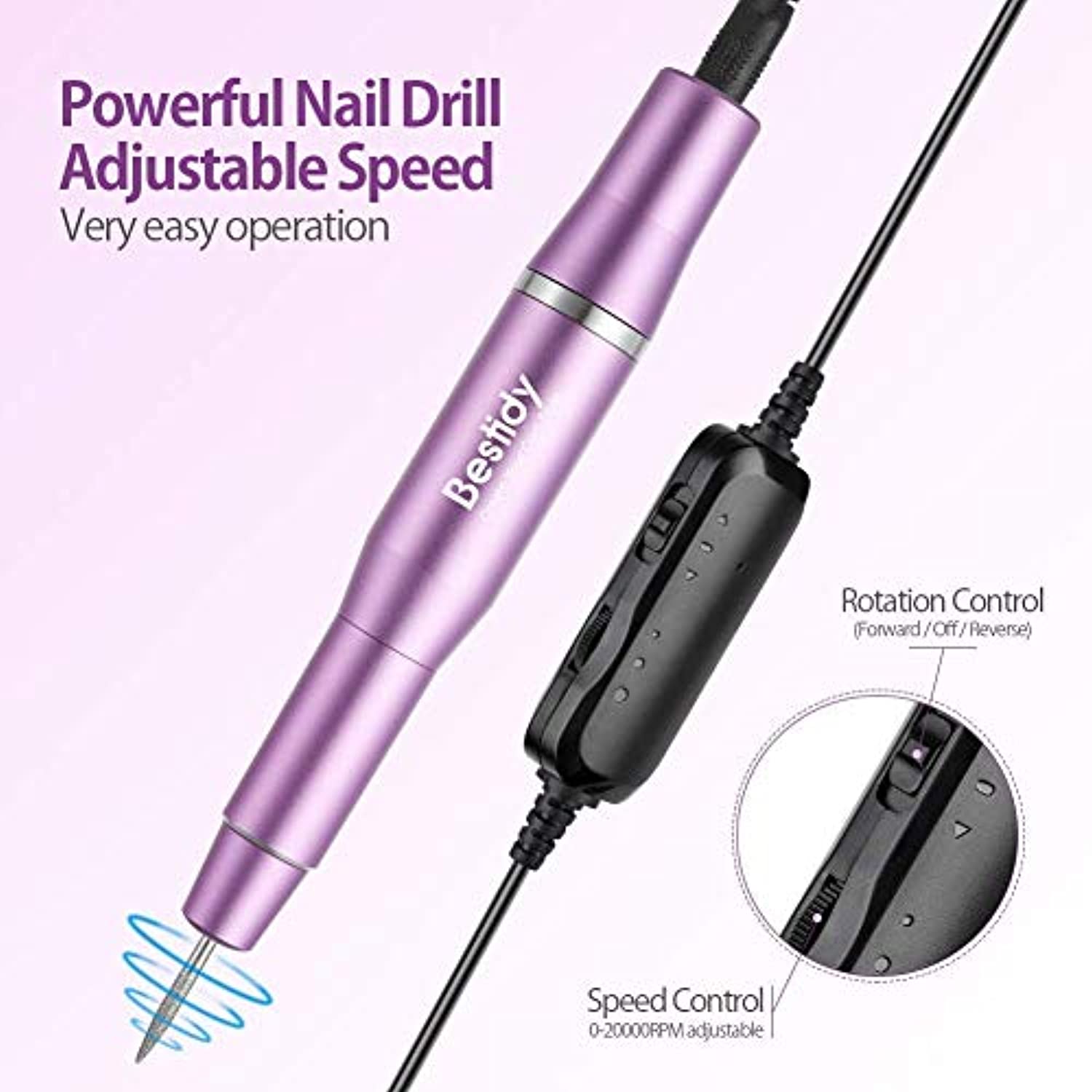 Bestidy Electric Nail Drill Kit,2020 Upgraded Professional Nail File Portable Manicure Pedicure Drill Kit for Acrylic Nails with Manicure Pedicure Brush,Sanding Band,10pcs Tungsten Carbide Bits