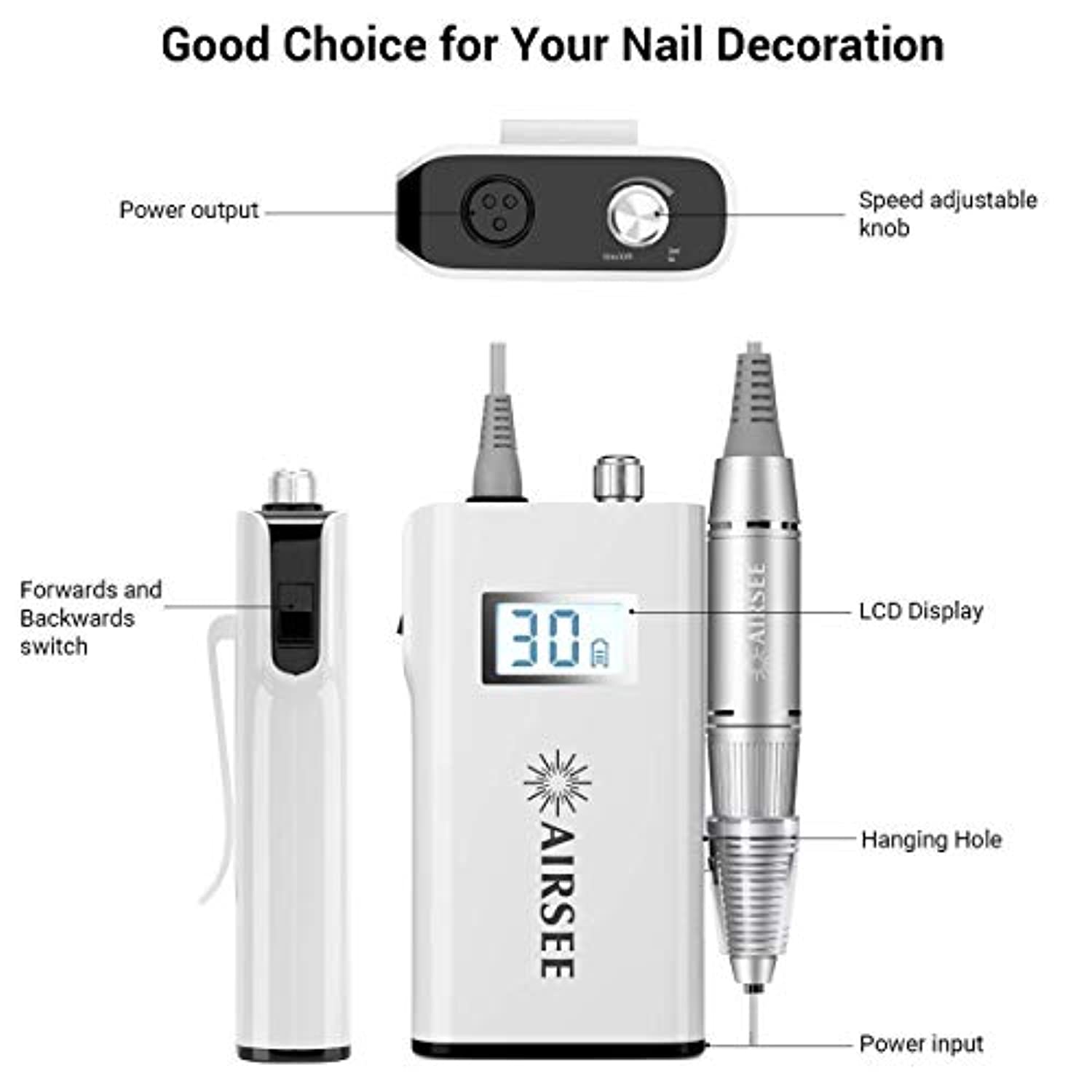 AIRSEE Rechargeable 30000RPM Electric Nail Drill Professional Portable E File Machine for Acrylic Nails Natural Extension Gel Nails Polish Cuticle, Cordless High Speed for Salon Use or Home DIY White
