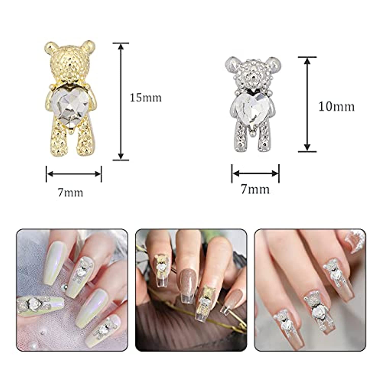 30 Pcs Nail Art Rhinestones,Shiny Alloy Bear 3D With Heart Crystal Nail Decoration,DIY Nail Art Decoration Accessories