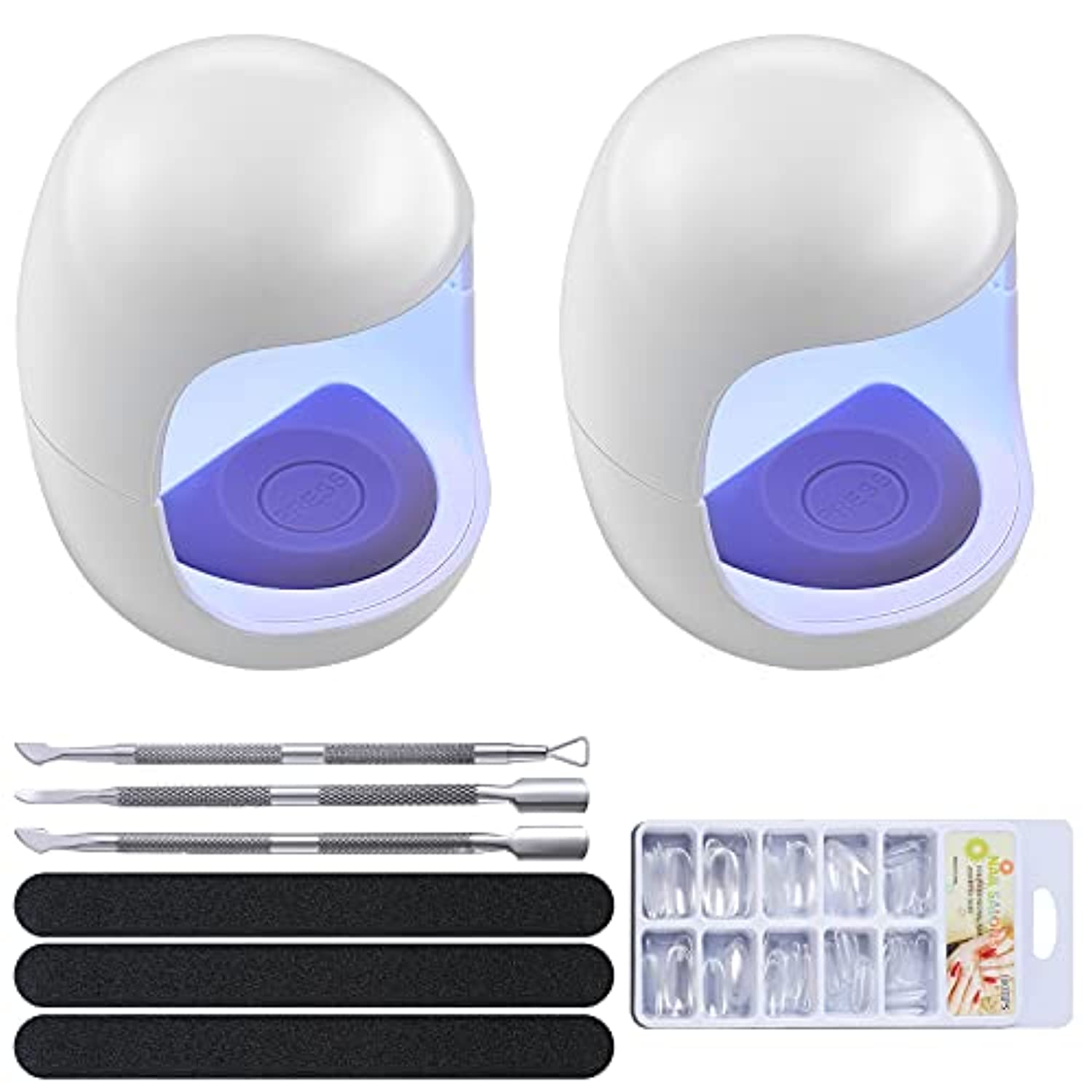 2 Pieces Mini UV Led Nail Lamp Light for Gel Nails Cute Egg Nail Lamps White Portable Nail Dryers 3 Nail Peeler Scrapers 3 Double Side Nail Files 100 Transparent Fake Nails for Women Girls