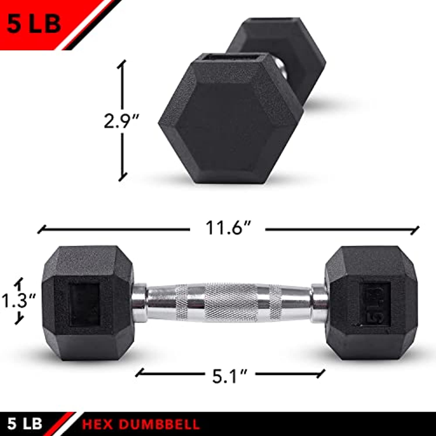 JFIT Rubber Hex Dumbbell 5 LB Single - Hex Shaped Heads to Prevent Rolling and Injury - Ergonomic Hand Weights for Exercise, Therapy, Building Muscle, Strength and Weight Training