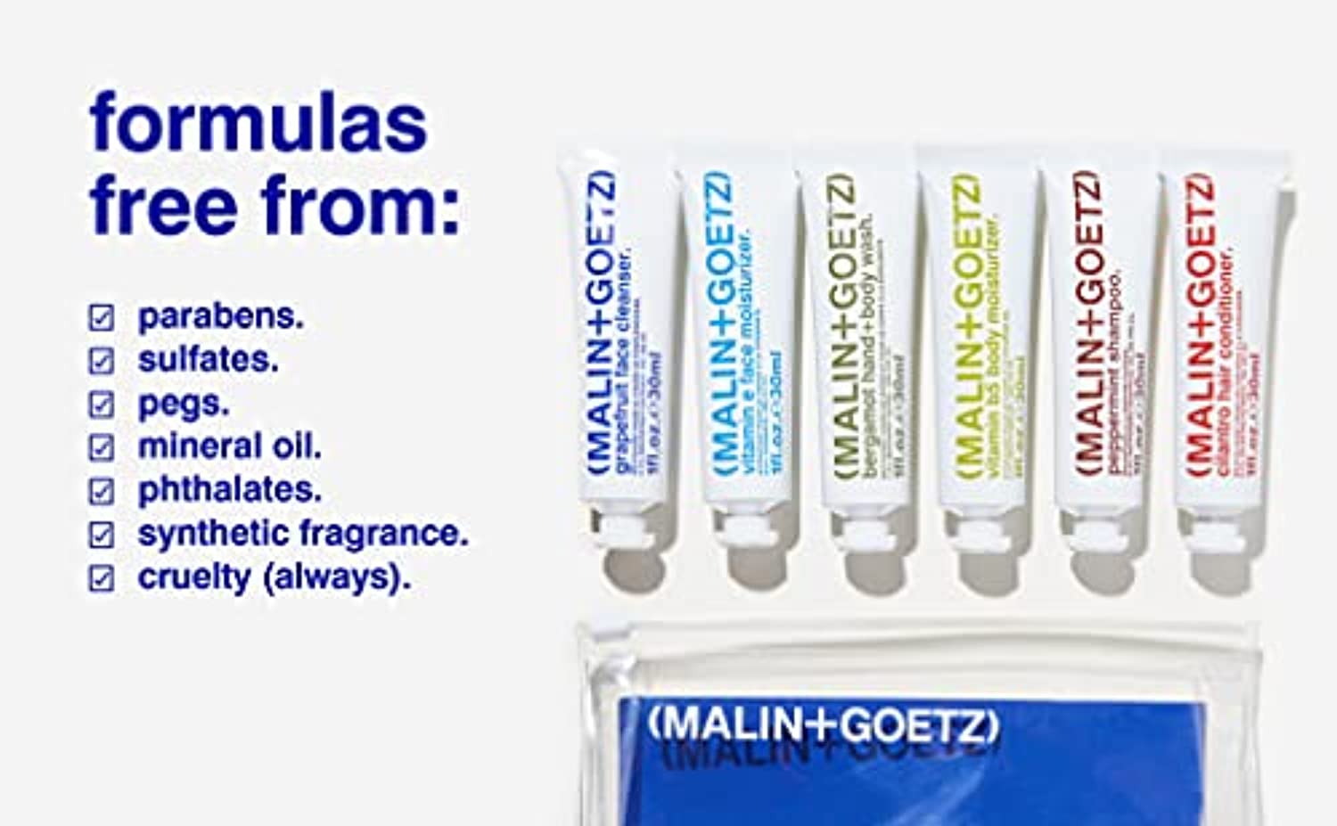 Malin + Goetz Essential Starter Kit- including hair shampoo & conditioner, facial cleanser & moisturizer, body wash & moisturizer, all natural ingredients, all skin types, cruelty-free, vegan