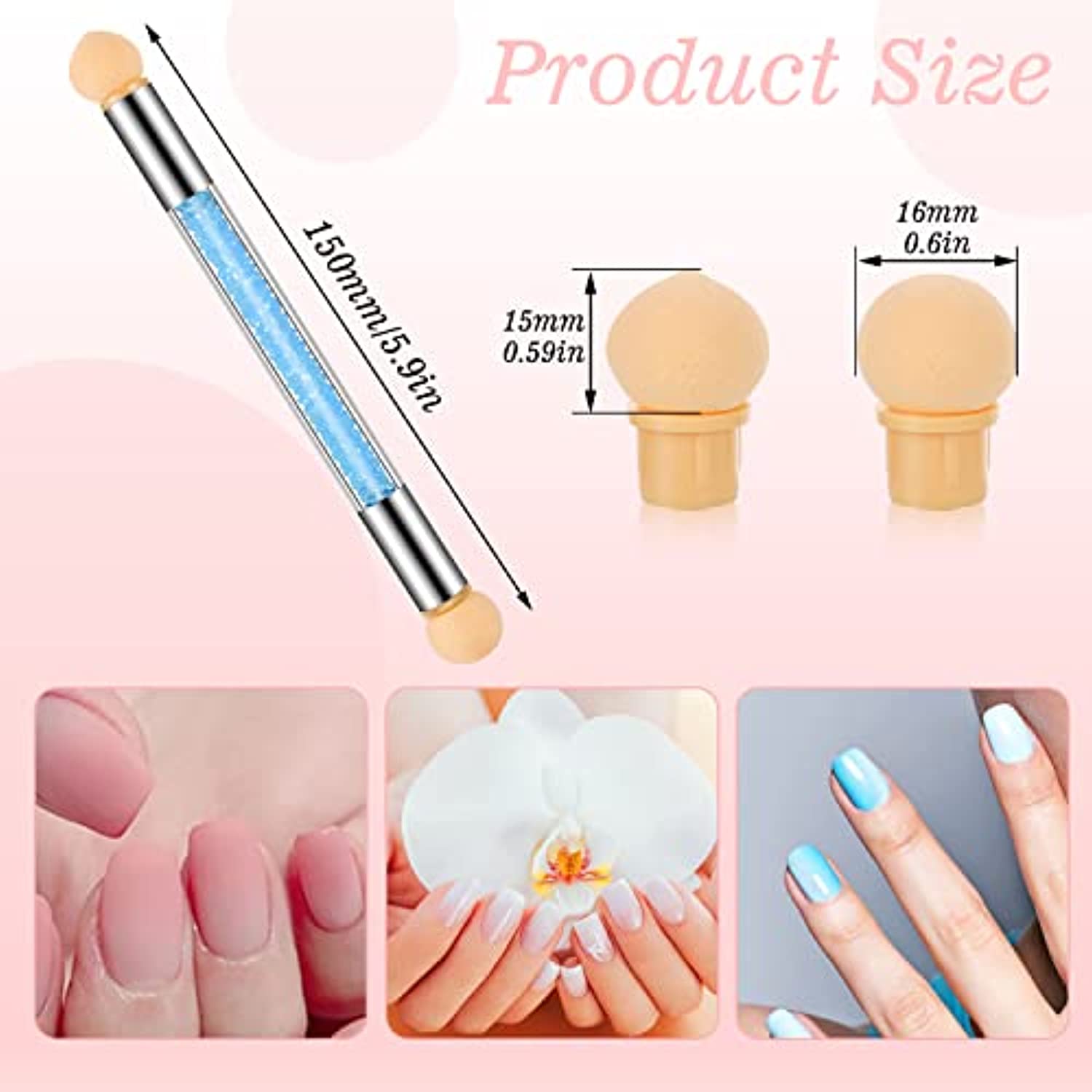10 Pcs in 2 Set Nail Sponges for Ombre, 2 Pcs Double-Head Ombre Brush for Gel Nails with 8 Pcs Replacement Head (Pink, Blue)