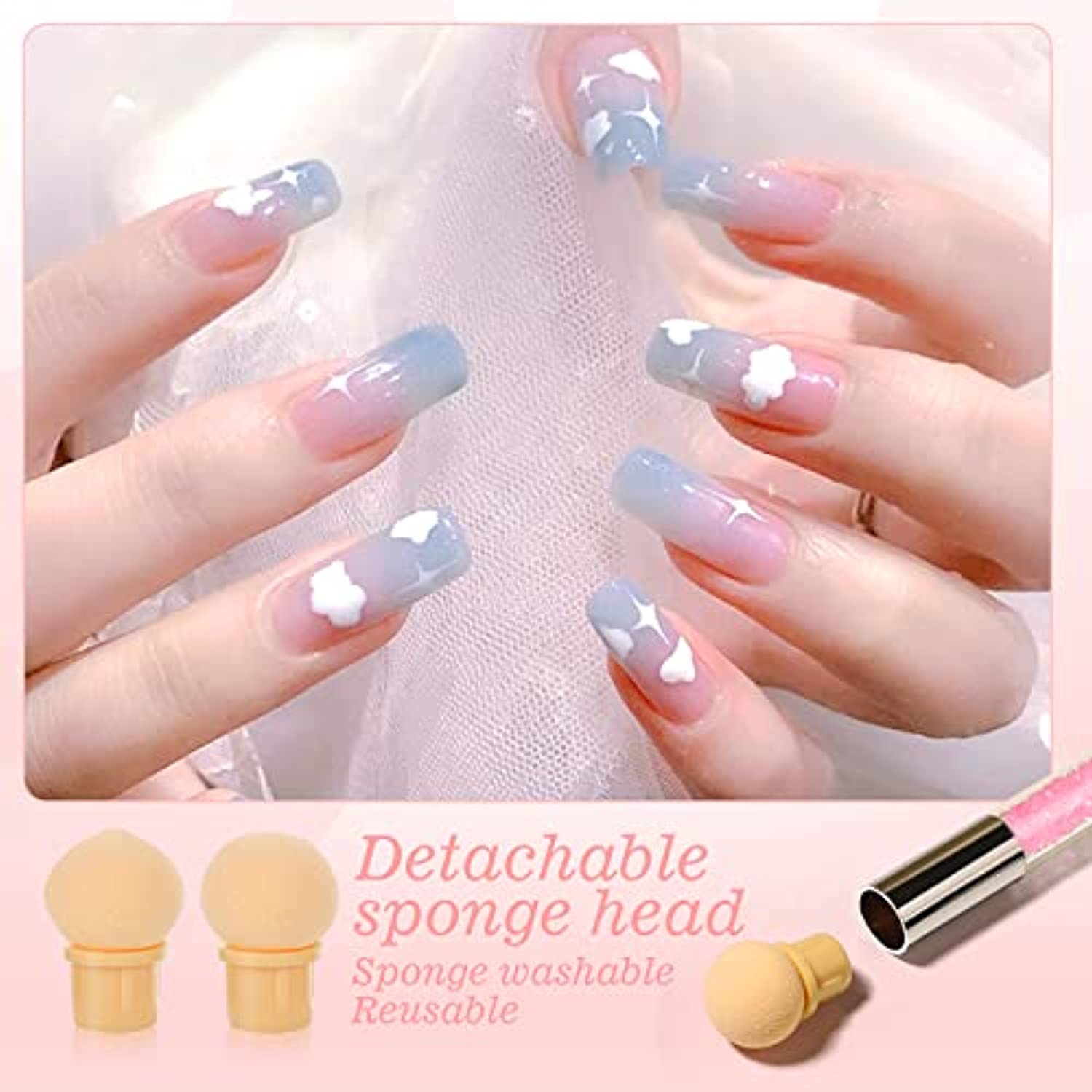 10 Pcs in 2 Set Nail Sponges for Ombre, 2 Pcs Double-Head Ombre Brush for Gel Nails with 8 Pcs Replacement Head (Pink, Blue)