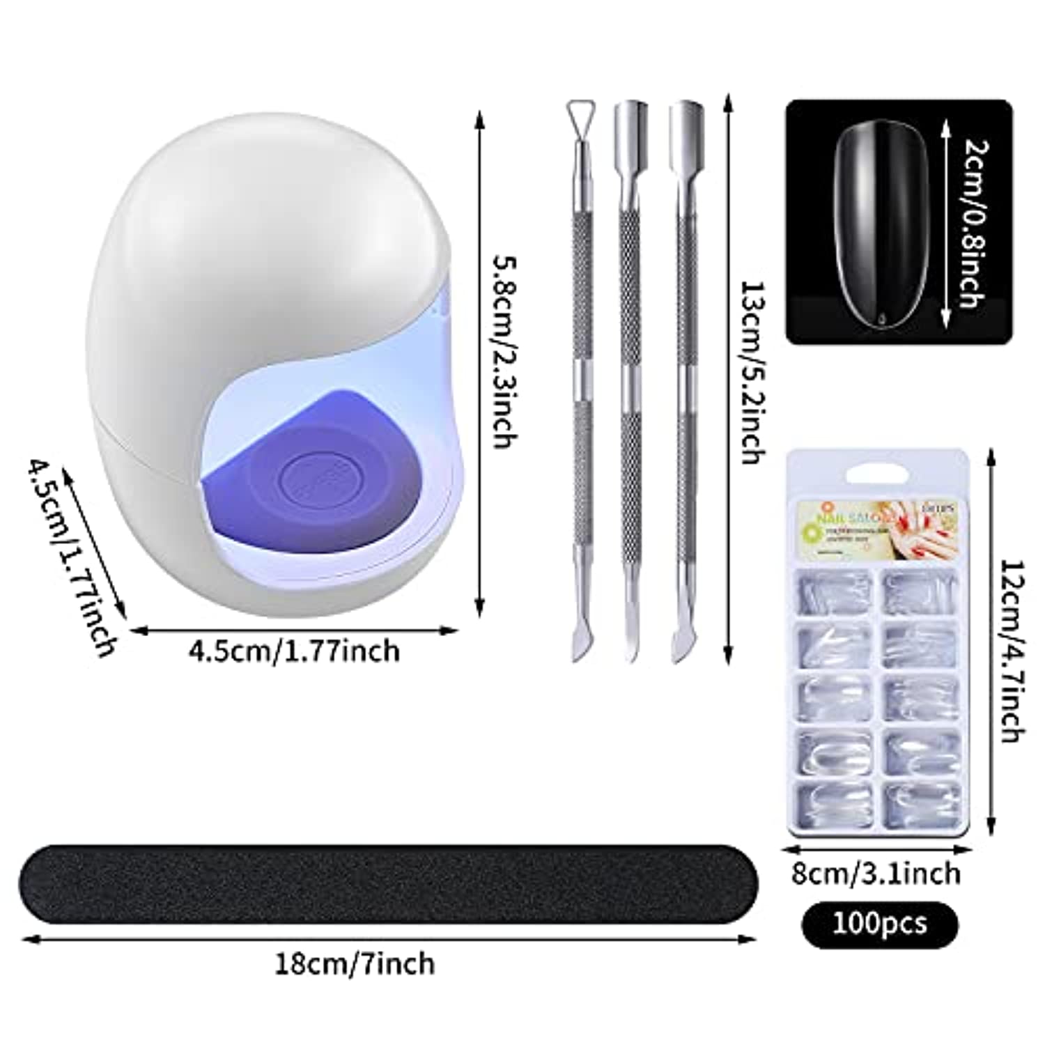 2 Pieces Mini UV Led Nail Lamp Light for Gel Nails Cute Egg Nail Lamps White Portable Nail Dryers 3 Nail Peeler Scrapers 3 Double Side Nail Files 100 Transparent Fake Nails for Women Girls