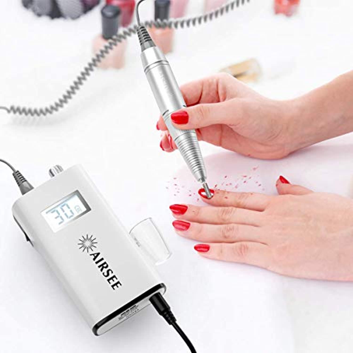 AIRSEE Rechargeable 30000RPM Electric Nail Drill Professional Portable E File Machine for Acrylic Nails Natural Extension Gel Nails Polish Cuticle, Cordless High Speed for Salon Use or Home DIY White