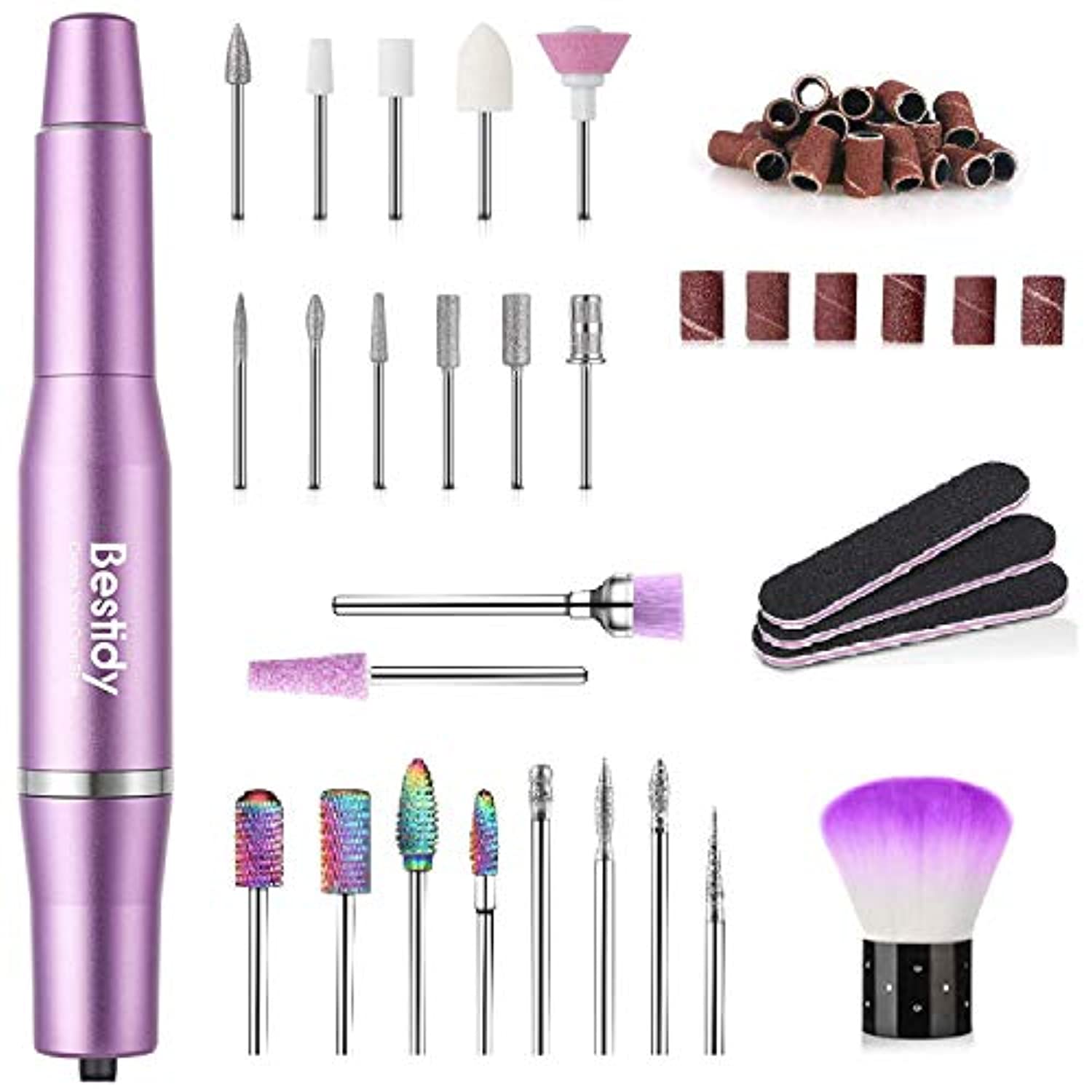 Bestidy Electric Nail Drill Kit,2020 Upgraded Professional Nail File Portable Manicure Pedicure Drill Kit for Acrylic Nails with Manicure Pedicure Brush,Sanding Band,10pcs Tungsten Carbide Bits