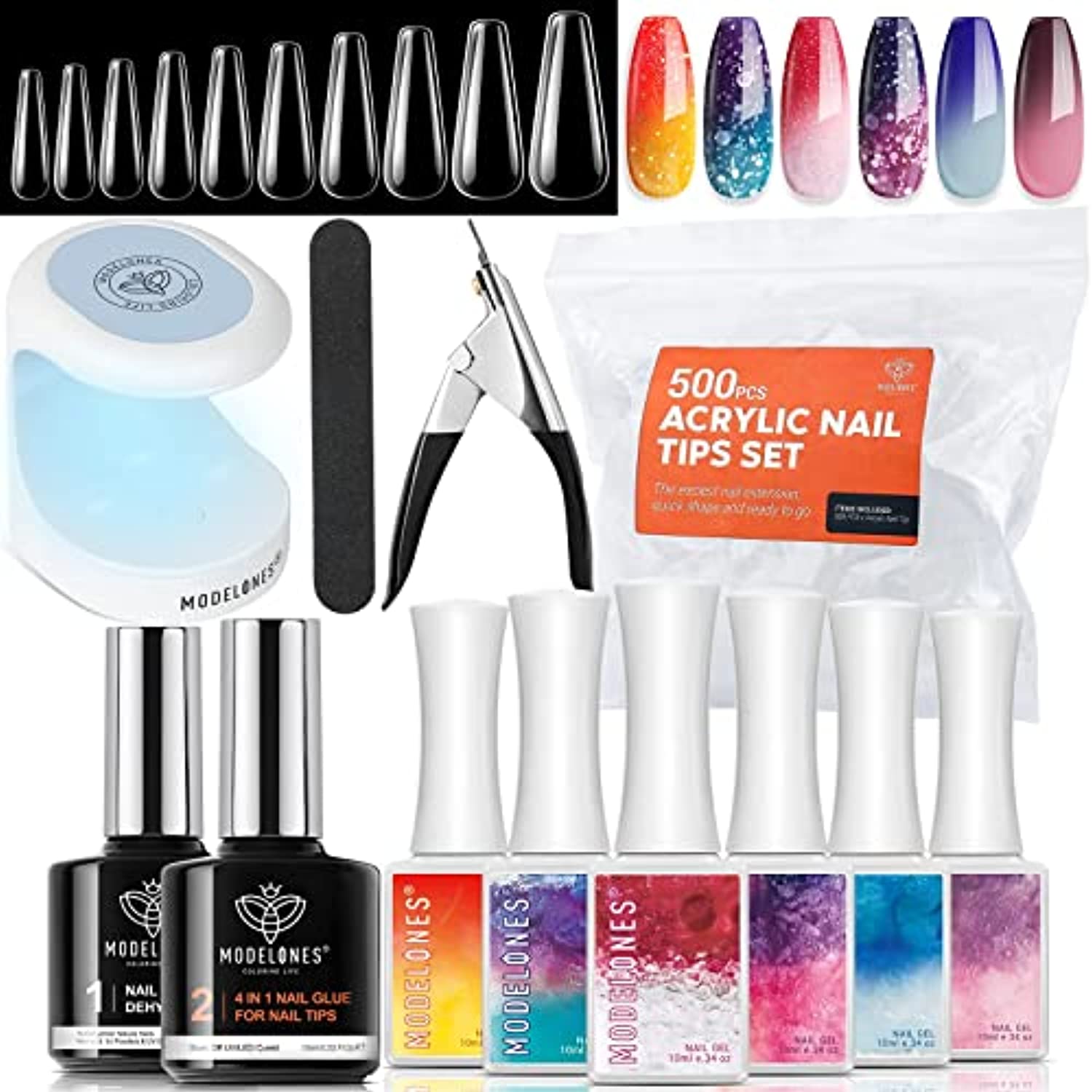 Modelones Nail Tips and Glue Gel Nail Kit with 6 Colors Mood Temperature Color Changing Gel Polish 10 ML