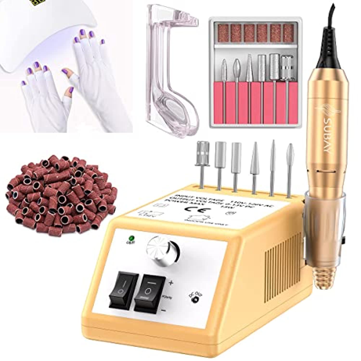 Professional Nail Drill Machine for Acrylic Nails, Gel Nails, 20000RPM Electric Nail File Kit, 1 Pairs Anti UV Glove UV Shield Glove, Anti-UV Fingerless Protect Hands, White