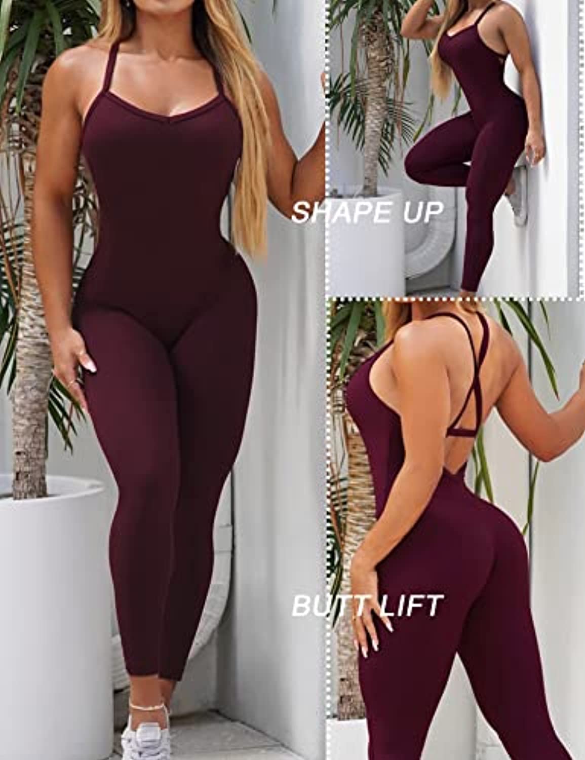 COOrun Women One Piece Activewear Butt Lift Blackless Yoga Pants Bodycon Jumpsuit Fitness Workout Sport Gym Yoga Bodysuit-Wine Red