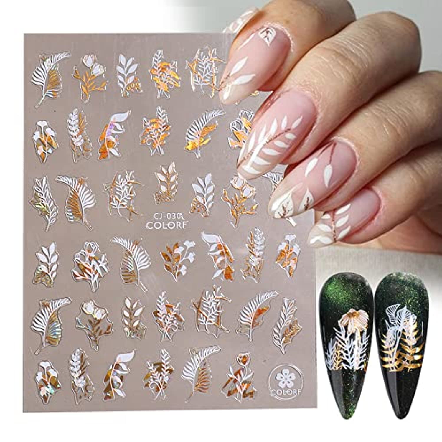 Flower Nail Stickers Holographic Gold White Nail Art Stickers 3D Laser Flowers Leaf Abstract Face Design Nail Decals for Nail Art DIY Acrylic Nail Decorations Manicure Decals for Women Girls 6Sheets