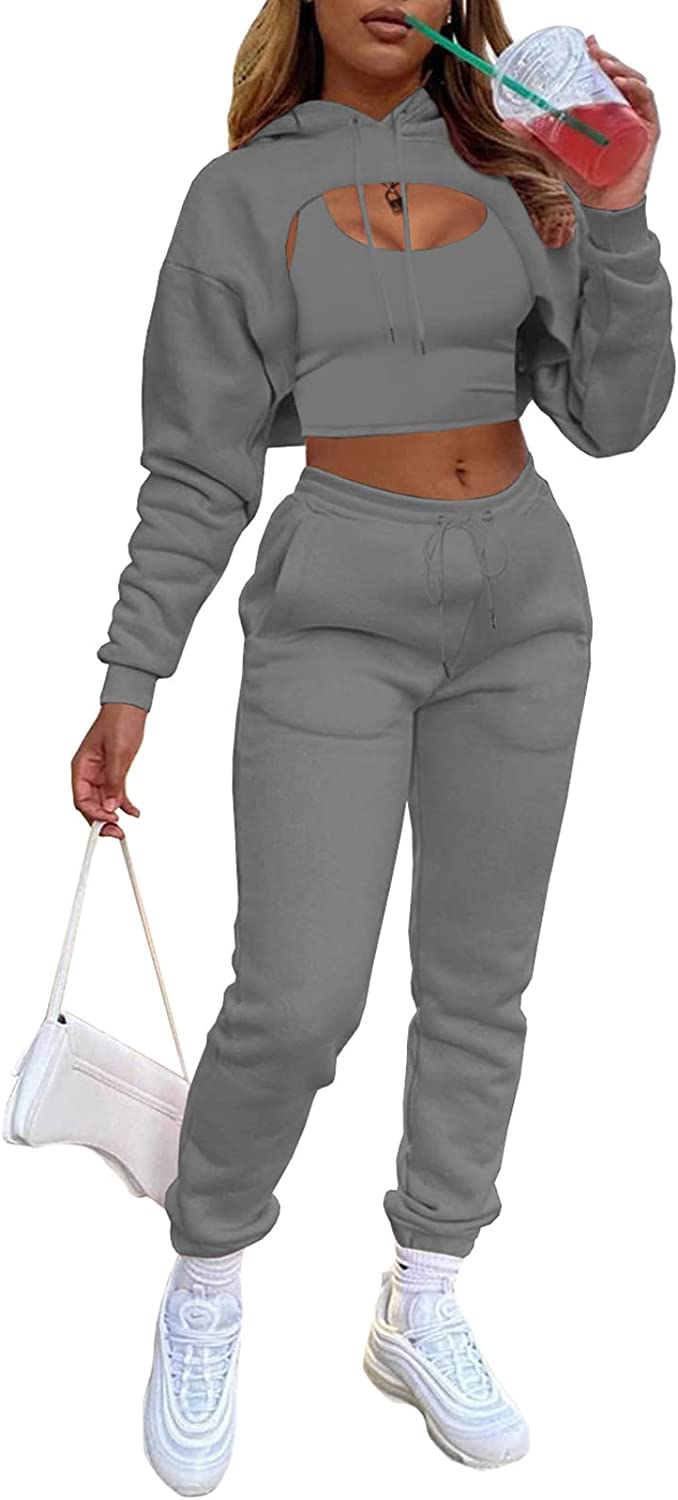 Women Fall 3 Piece Outfits Tracksuits - Sexy Long Sleeve Pullover Hoodie + Tank Top + Jogging Pants Sweatsuit Workout Sets