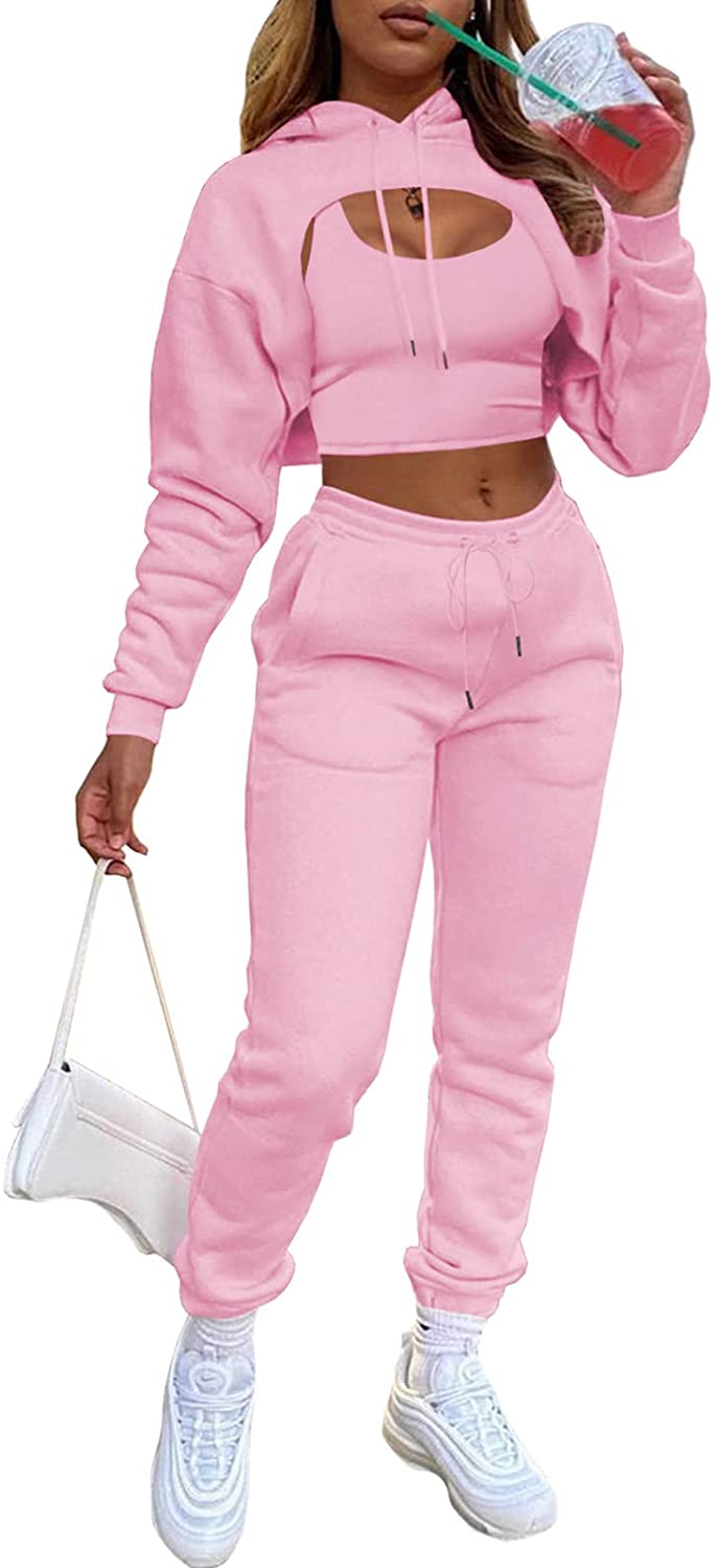 Women Fall 3 Piece Outfits Tracksuits - Sexy Long Sleeve Pullover Hoodie + Tank Top + Jogging Pants Sweatsuit Workout Sets