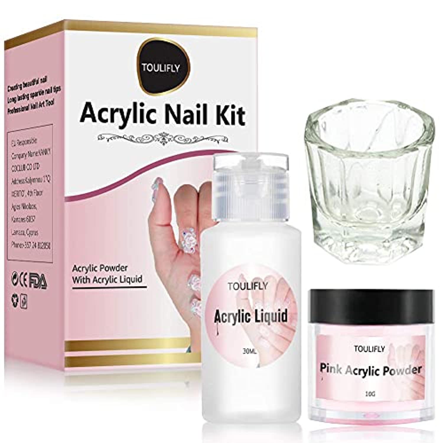 Acrylic Powder and Liquid,Acrylic Nail Starter Kit,Nail Acrylic Powder and Liquid Set,For Nail Carving Professional Manicure Set,Acrylic Liquid,Octagonal Glass(Liquido:30ml,Powder:10g)