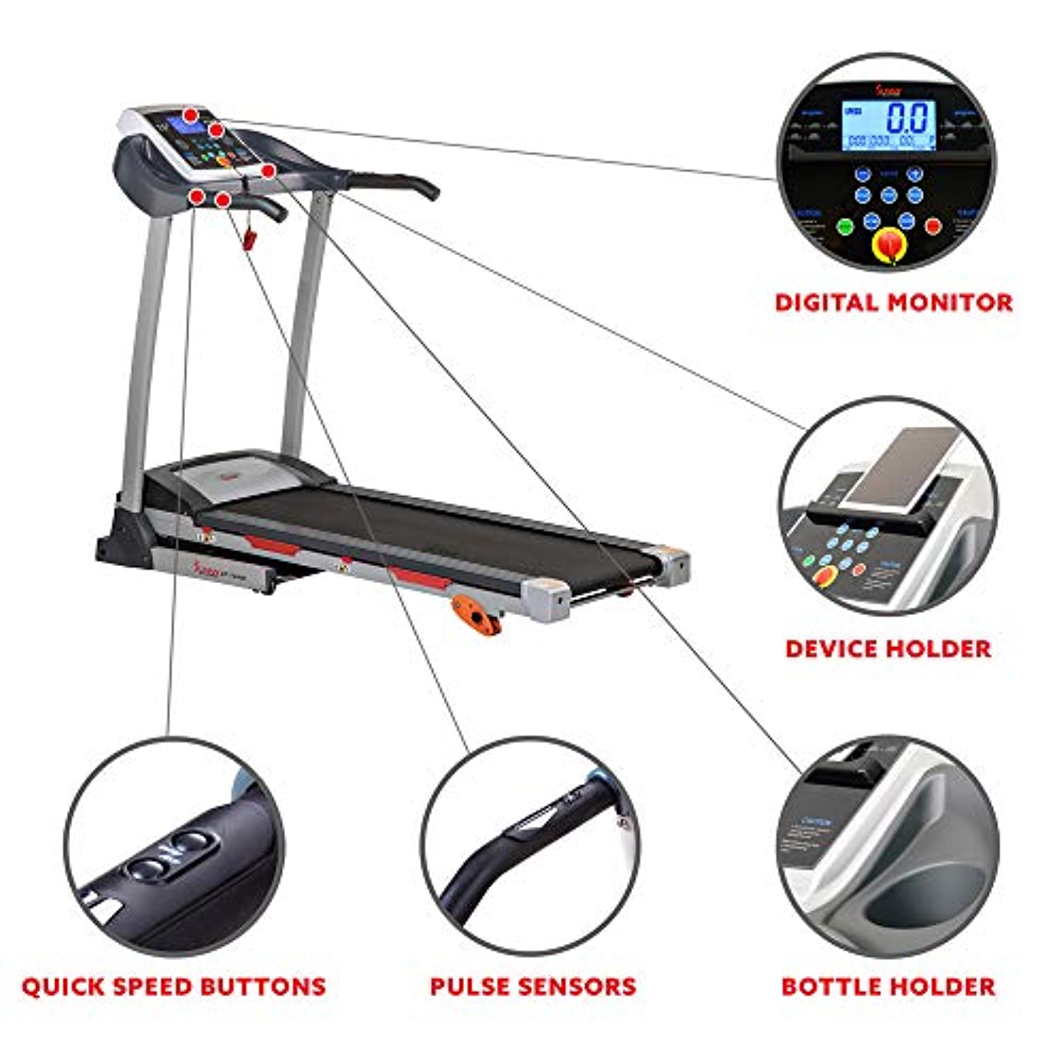 Sunny Health & Fitness Folding Treadmill with Device Holder, Shock Absorption and Incline