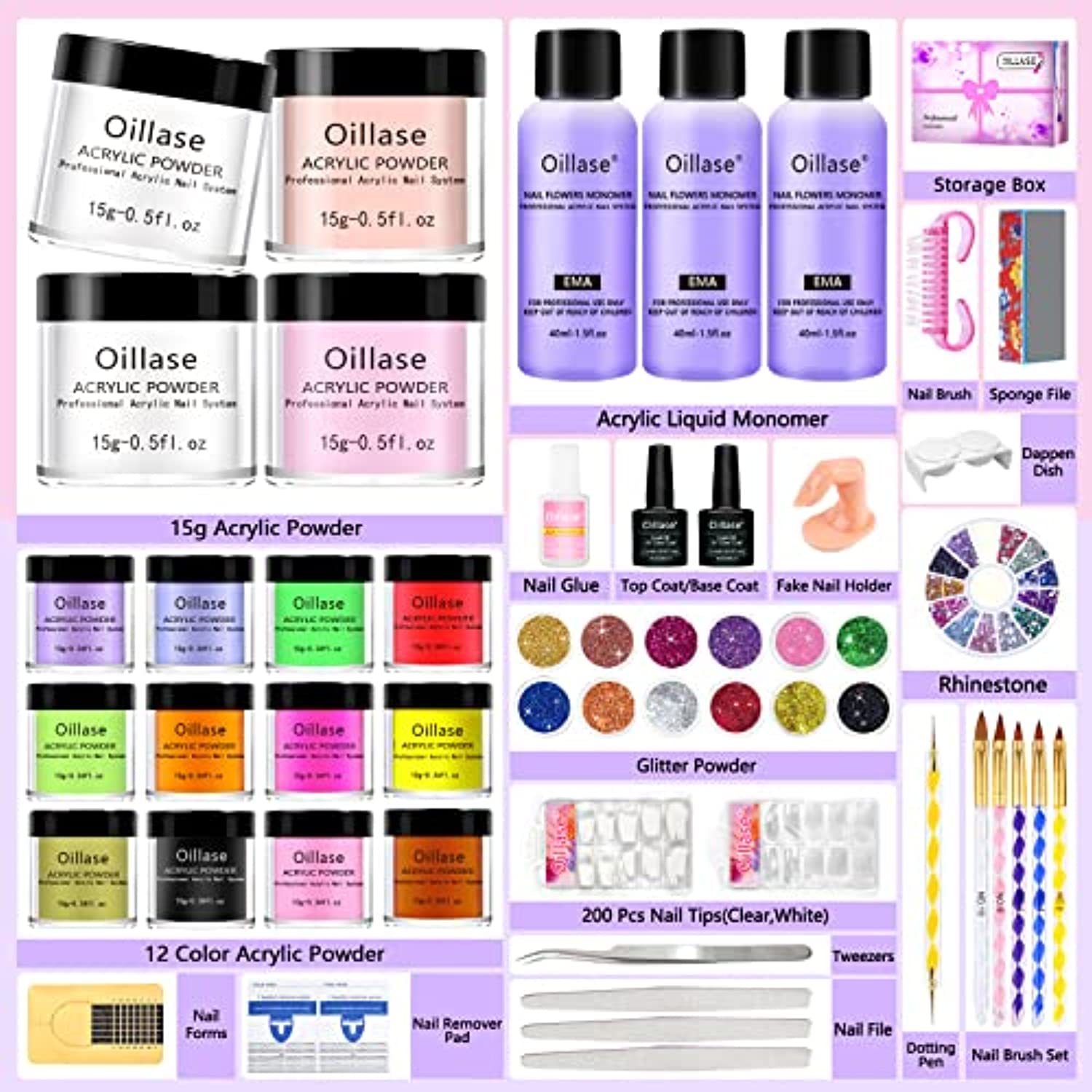 Large Acrylic Nail Kit Set Professional Acrylic with Everything,Acrylic Powder and Monomer Acrylic Nail Liquid for Beginners,Acrylic Nail Supplies Acrylic Nail Brush,Practice Hand for Acrylic Nails