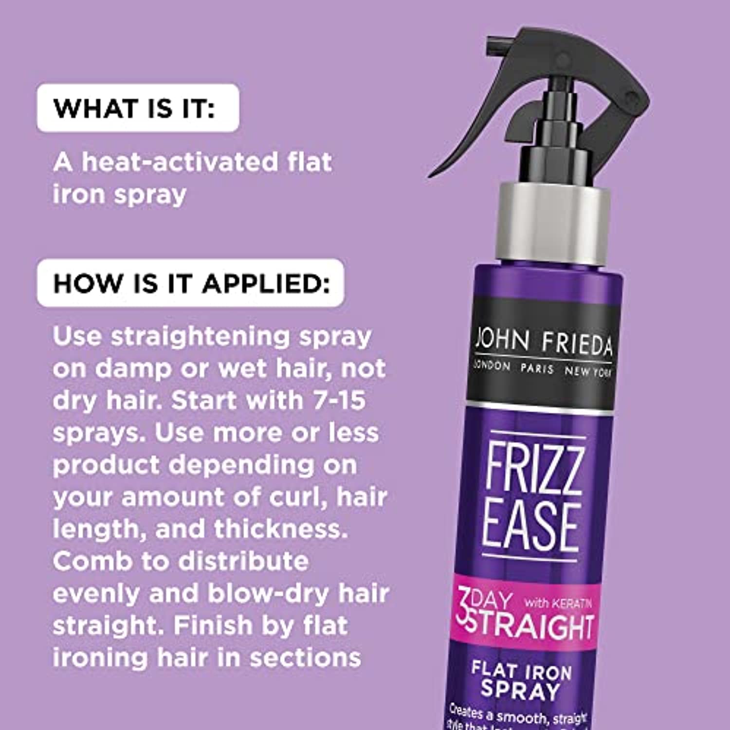 John Frieda Frizz Ease 3-day Flat Iron Spray, Keratin Infused Straightening Spray, Anti Frizz Heat Protectant for Curly Hair, 3.5 Ounce