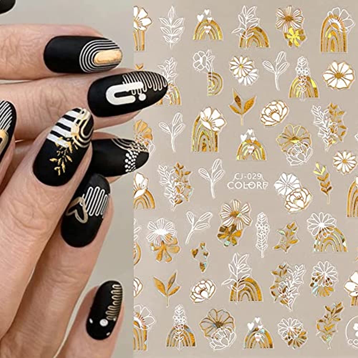 Flower Nail Stickers Holographic Gold White Nail Art Stickers 3D Laser Flowers Leaf Abstract Face Design Nail Decals for Nail Art DIY Acrylic Nail Decorations Manicure Decals for Women Girls 6Sheets