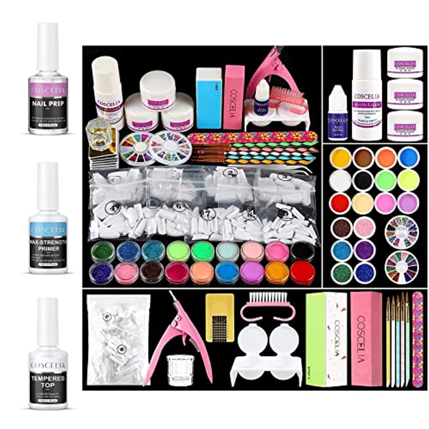 Acrylic Nail Kit with Everything for Beginners and Nail Primer Nail Prep Tempered Gel Top Coat Set