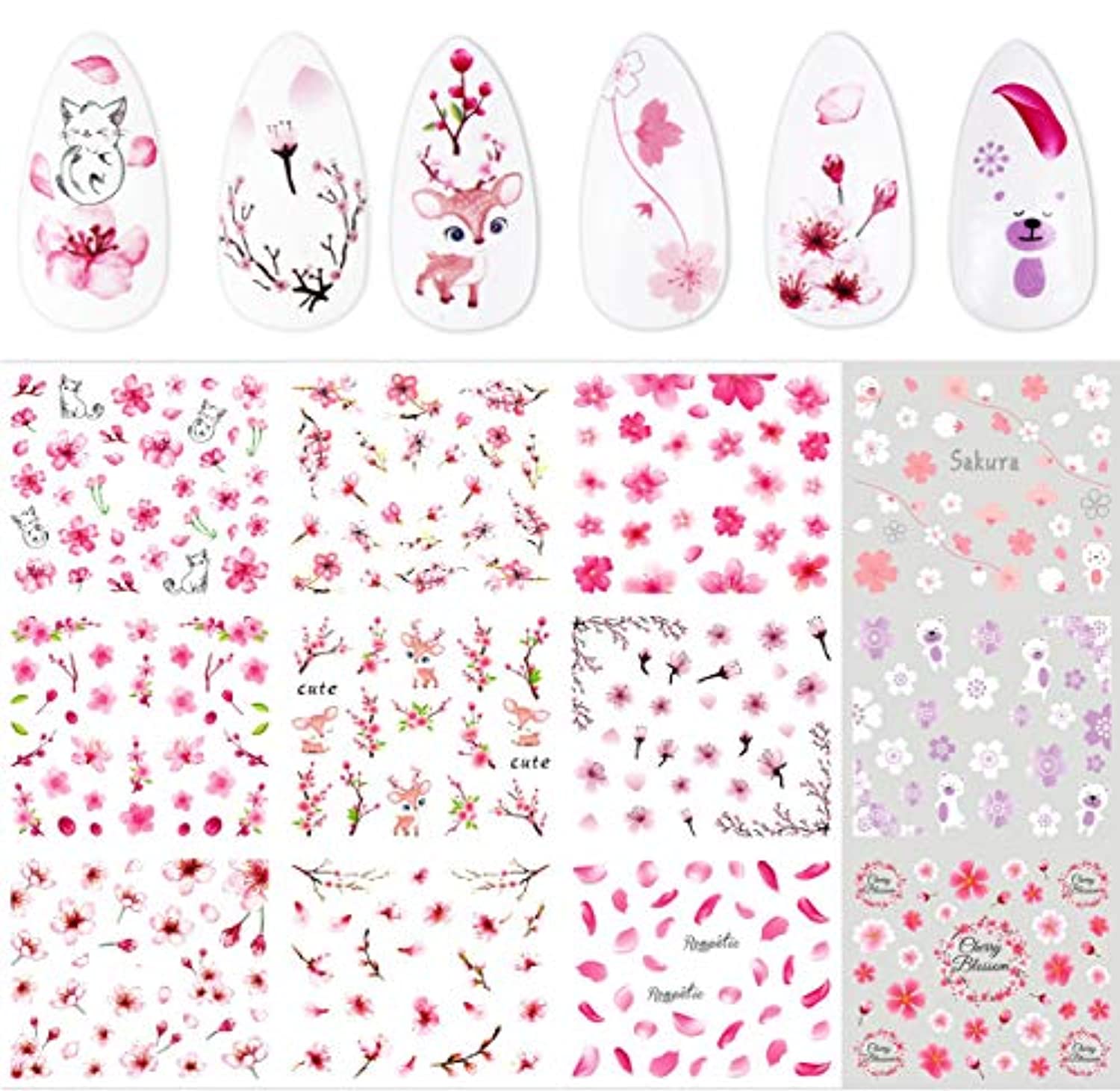 Sakura Flowers Nail Stickers Spring Water Transfer Nail Decals Cherry Blossom Nail Art Decorations Charms Nail Art Supplies Branches Leaf Petal Deer Cat Nail Design Nail Foils Tattoo for Acrylic Nail