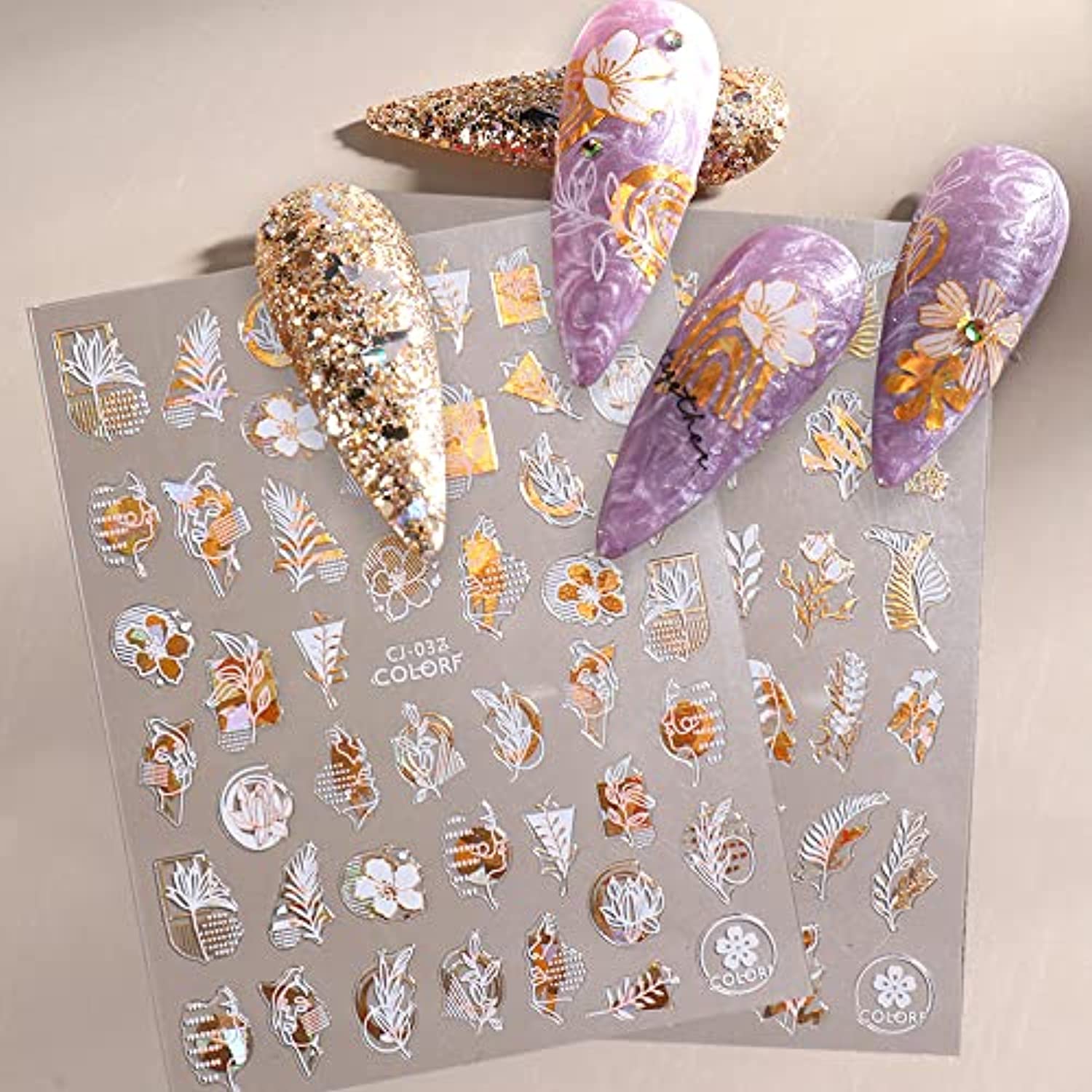 Flower Nail Stickers Holographic Gold White Nail Art Stickers 3D Laser Flowers Leaf Abstract Face Design Nail Decals for Nail Art DIY Acrylic Nail Decorations Manicure Decals for Women Girls 6Sheets