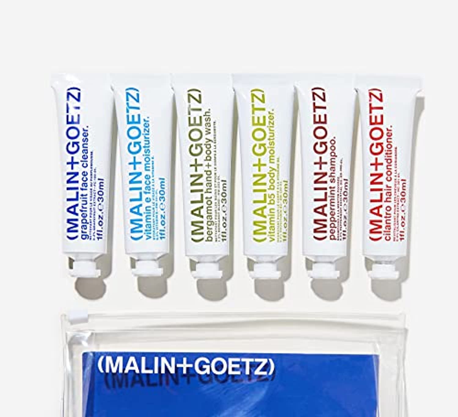 Malin + Goetz Essential Starter Kit- including hair shampoo & conditioner, facial cleanser & moisturizer, body wash & moisturizer, all natural ingredients, all skin types, cruelty-free, vegan