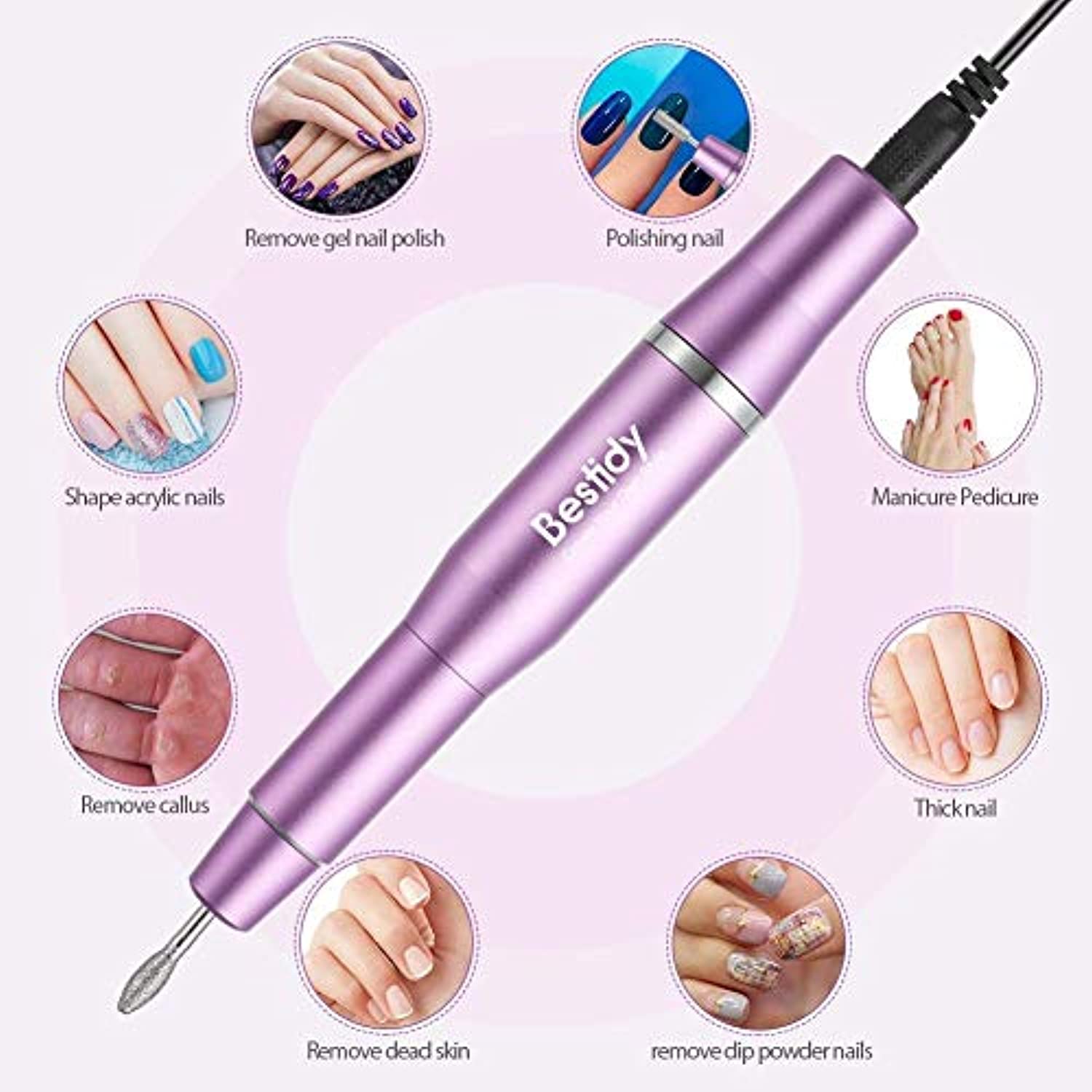 Bestidy Electric Nail Drill Kit,2020 Upgraded Professional Nail File Portable Manicure Pedicure Drill Kit for Acrylic Nails with Manicure Pedicure Brush,Sanding Band,10pcs Tungsten Carbide Bits