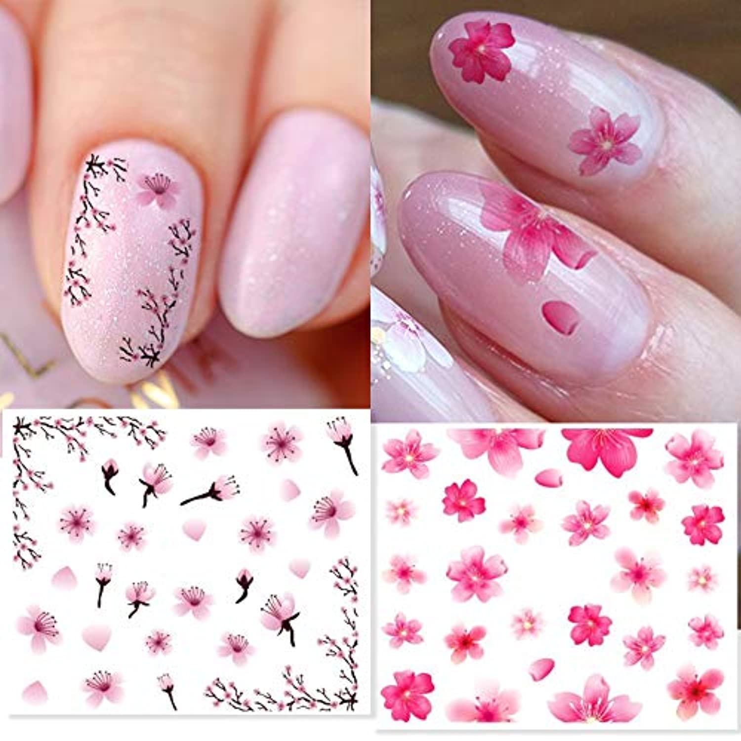 Sakura Flowers Nail Stickers Spring Water Transfer Nail Decals Cherry Blossom Nail Art Decorations Charms Nail Art Supplies Branches Leaf Petal Deer Cat Nail Design Nail Foils Tattoo for Acrylic Nail