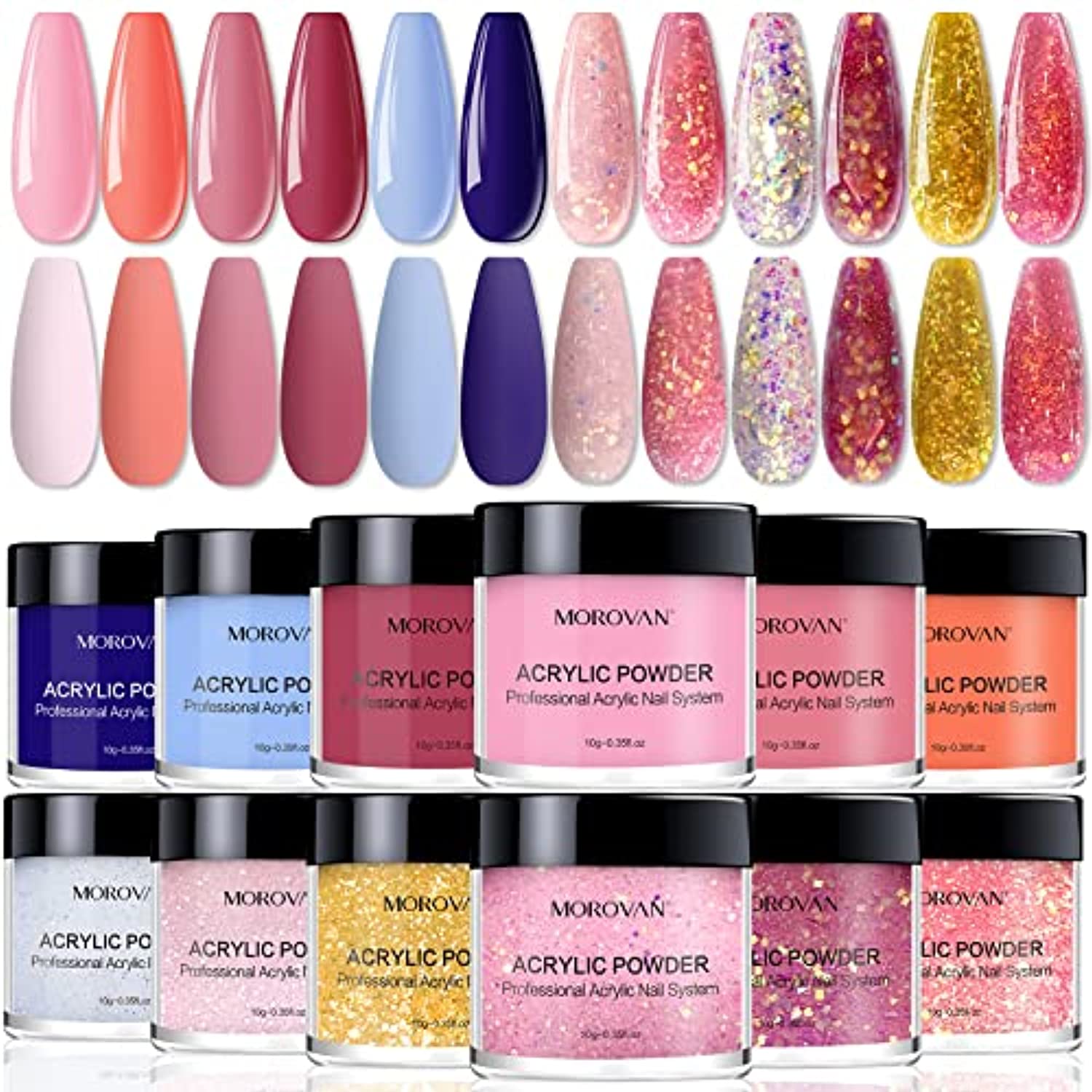 Morovan Acrylic Powder Set - 12 Colors Acrylic Nail Powder Pure Color and Glitter Professional Polymer Colored Acrylic Nail Powder for Acrylic Nail Extension Carving