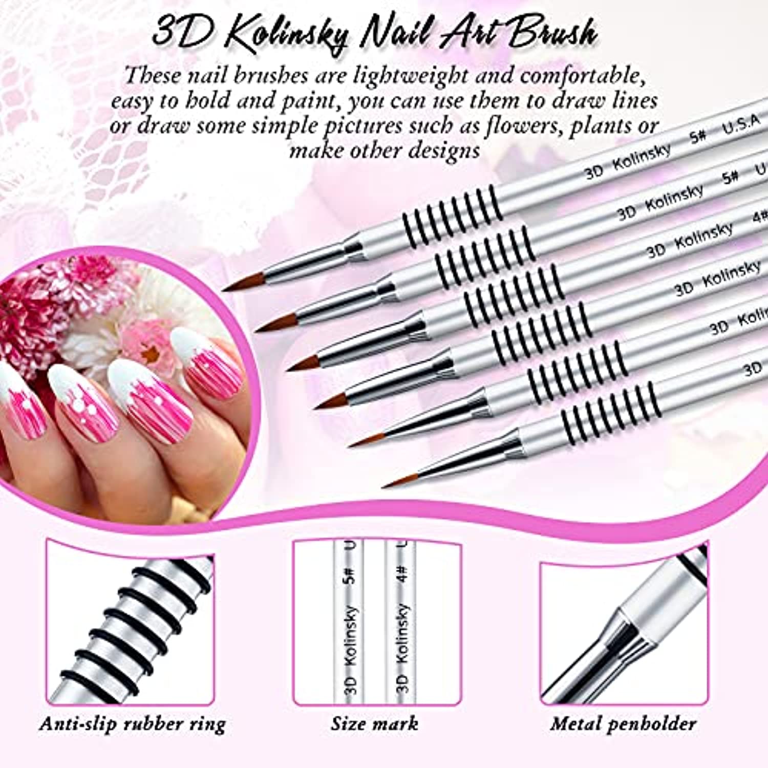 Mifoci 6 Pieces 3D Acrylic Nail Brush for Nails Art 3D Nail Art Brush Kolinsky Acrylic Brush Painting Brush Pen Set Silver Metal Nail Lining Brush for Nail Art Nail Salon Size 2/4/5