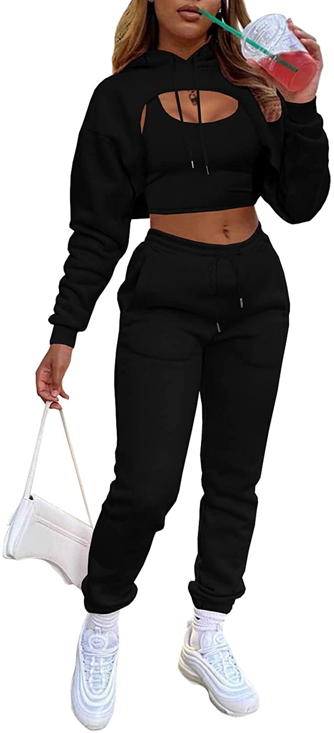 Women Fall 3 Piece Outfits Tracksuits - Sexy Long Sleeve Pullover Hoodie + Tank Top + Jogging Pants Sweatsuit Workout Sets