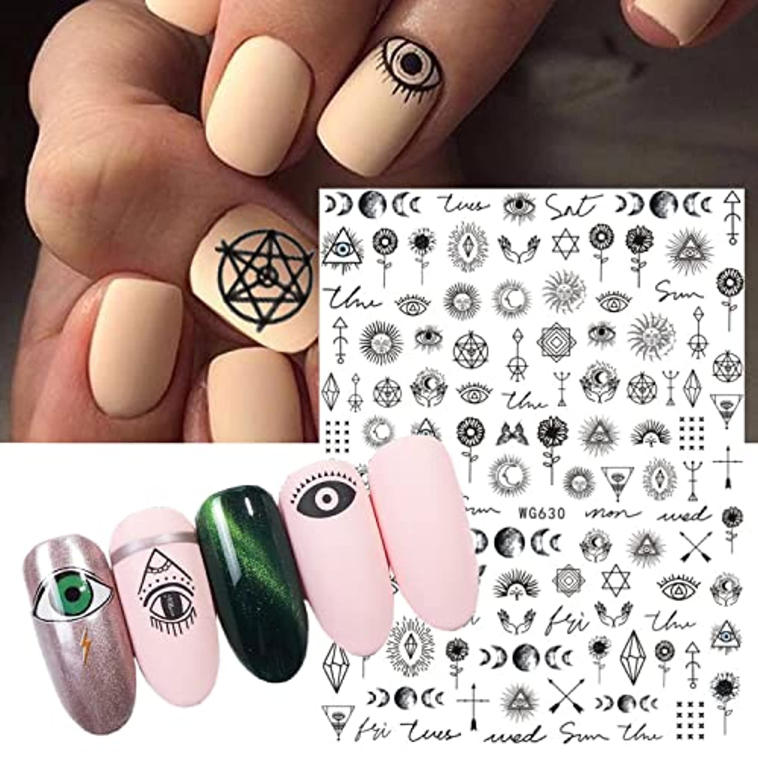 Indian Nail Art Stickers, Feather Alien Moon Star Eyes Tribal Totem Skull Nail Sticker, 3D Self-Adhesive Nail Art Decals Design, Nail Decal Supplies for Women Manicure DIY Nail Decoration (6 Sheets)