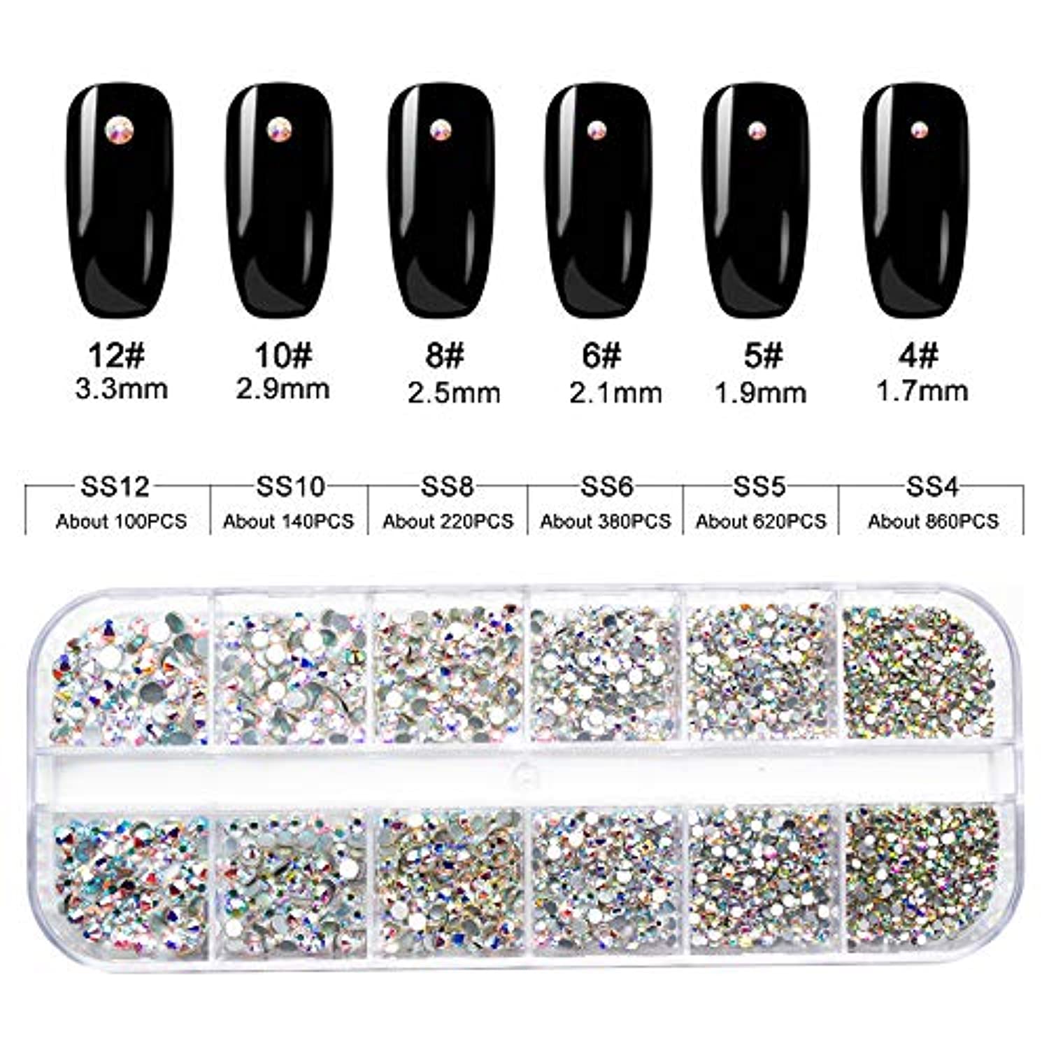 2320 Pieces Crystals Glass AB Nail Art Rhinestones, SS4/5/6/8/10/12 Mixed Nail Gems Stones, Flat Back Round Nail Diamonds with Storage Organizer Box/Picker Pencil/Tweezers for Face Clothes Shoes Decor