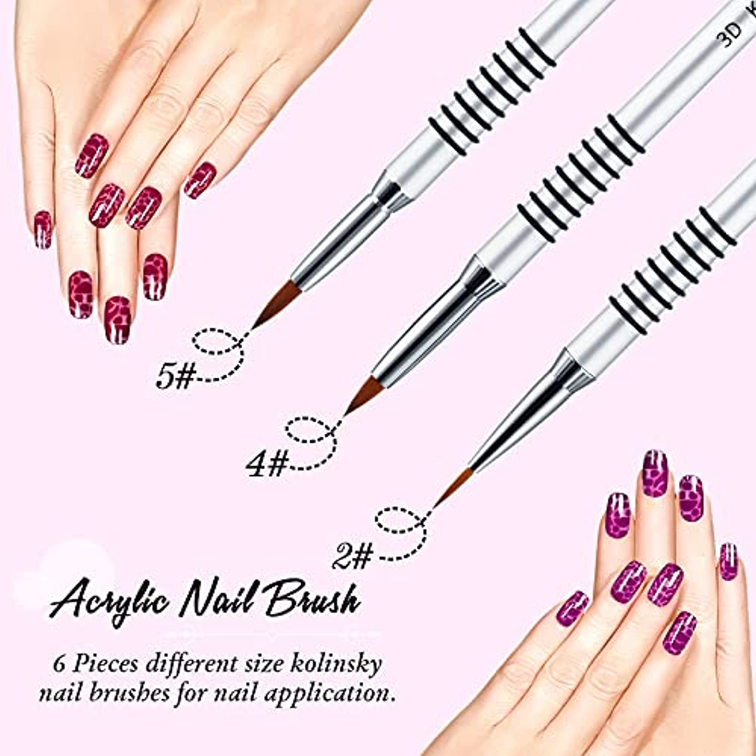 Mifoci 6 Pieces 3D Acrylic Nail Brush for Nails Art 3D Nail Art Brush Kolinsky Acrylic Brush Painting Brush Pen Set Silver Metal Nail Lining Brush for Nail Art Nail Salon Size 2/4/5