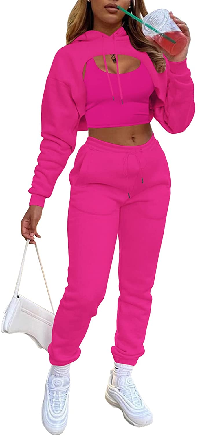 Women Fall 3 Piece Outfits Tracksuits - Sexy Long Sleeve Pullover Hoodie + Tank Top + Jogging Pants Sweatsuit Workout Sets