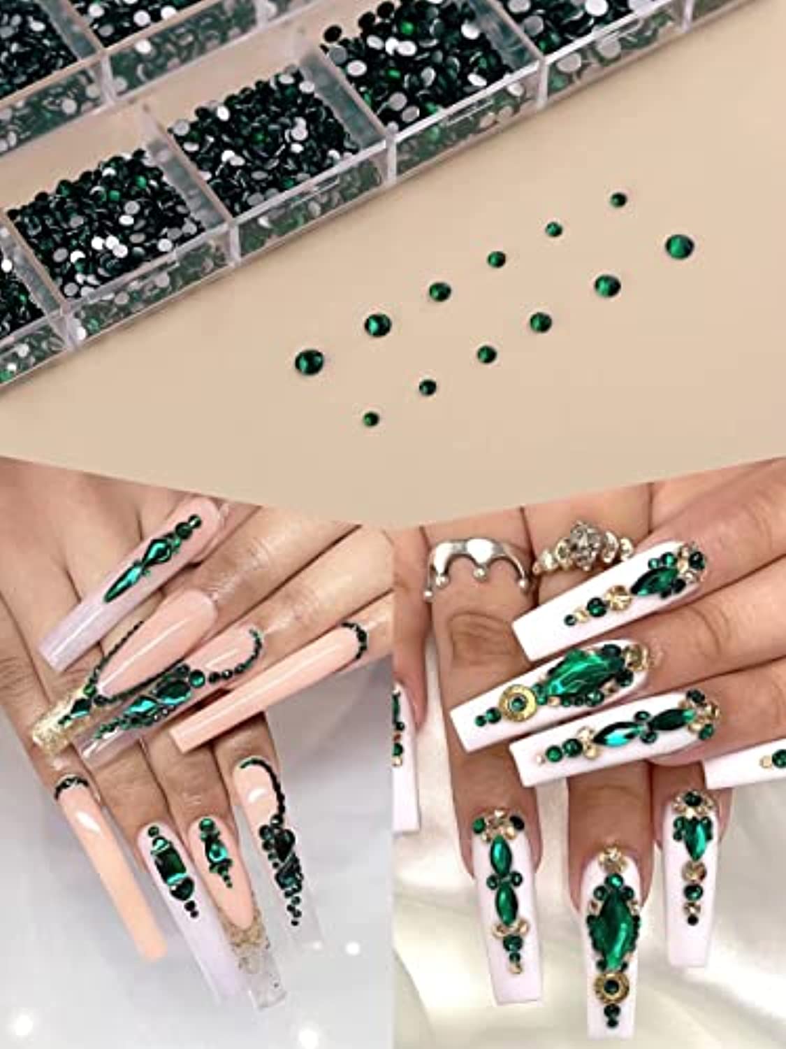 3120 Pcs Green Nail Art Rhinestone Gems Kit EBANKU Nail Art Crystal Flat Back Nail Diamond Jewels with Tweezers and Drill Pen