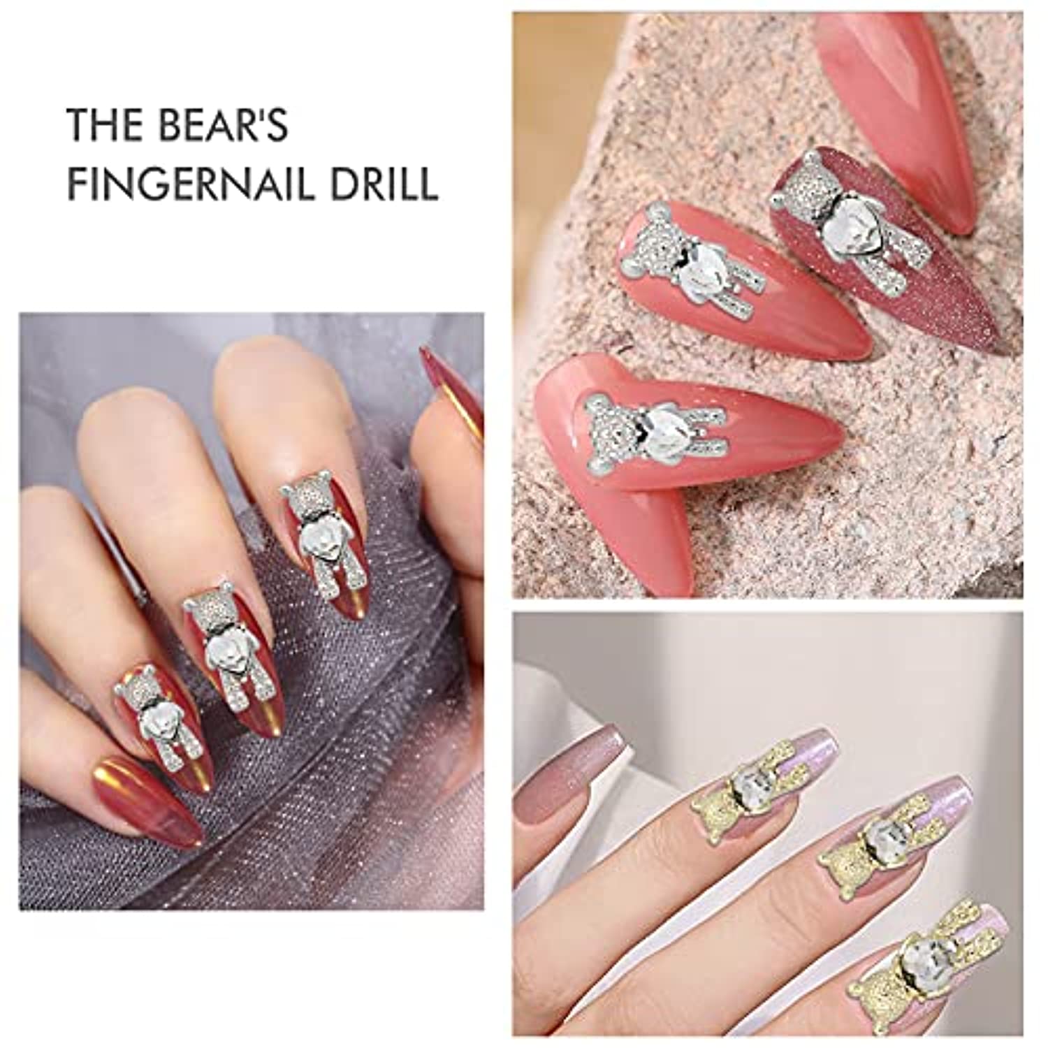 30 Pcs Nail Art Rhinestones,Shiny Alloy Bear 3D With Heart Crystal Nail Decoration,DIY Nail Art Decoration Accessories