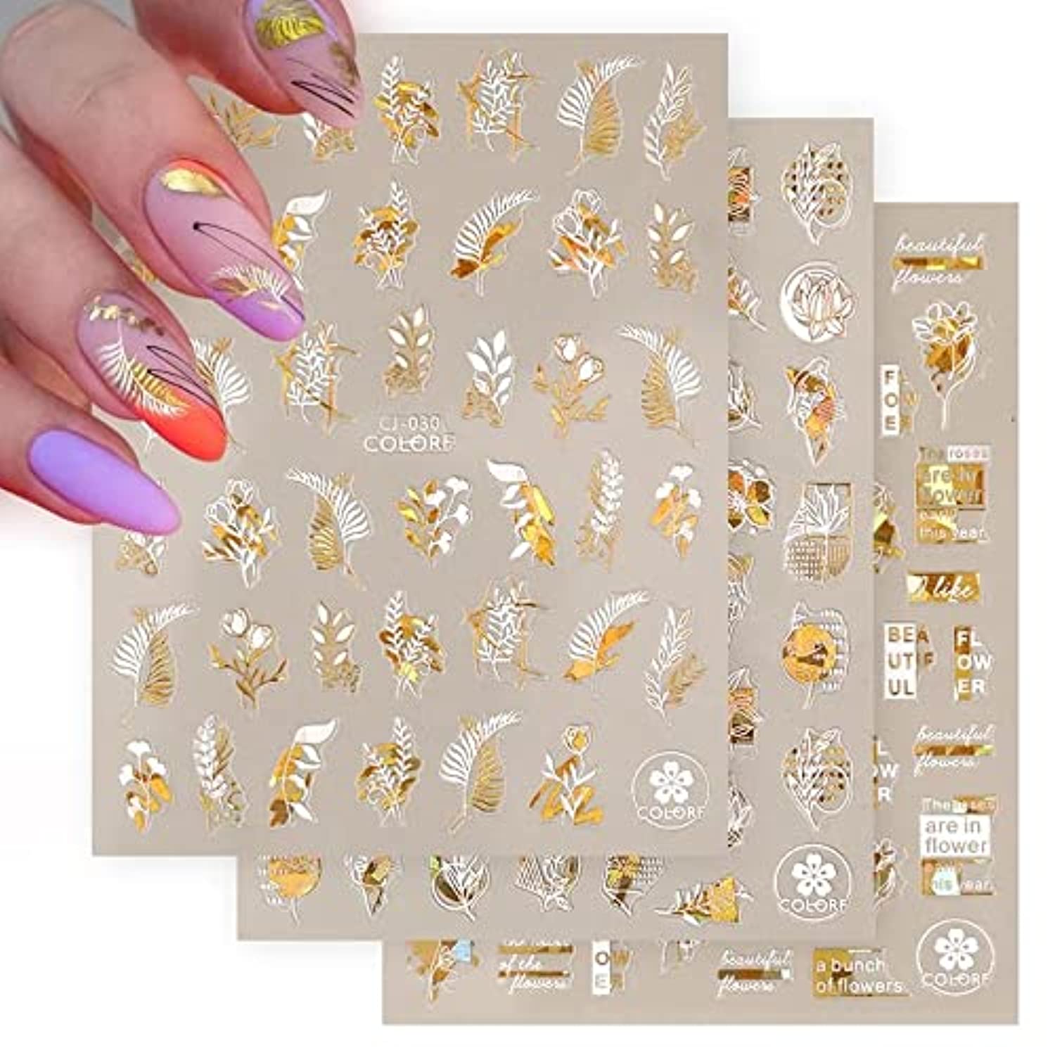 Flower Nail Stickers Holographic Gold White Nail Art Stickers 3D Laser Flowers Leaf Abstract Face Design Nail Decals for Nail Art DIY Acrylic Nail Decorations Manicure Decals for Women Girls 6Sheets