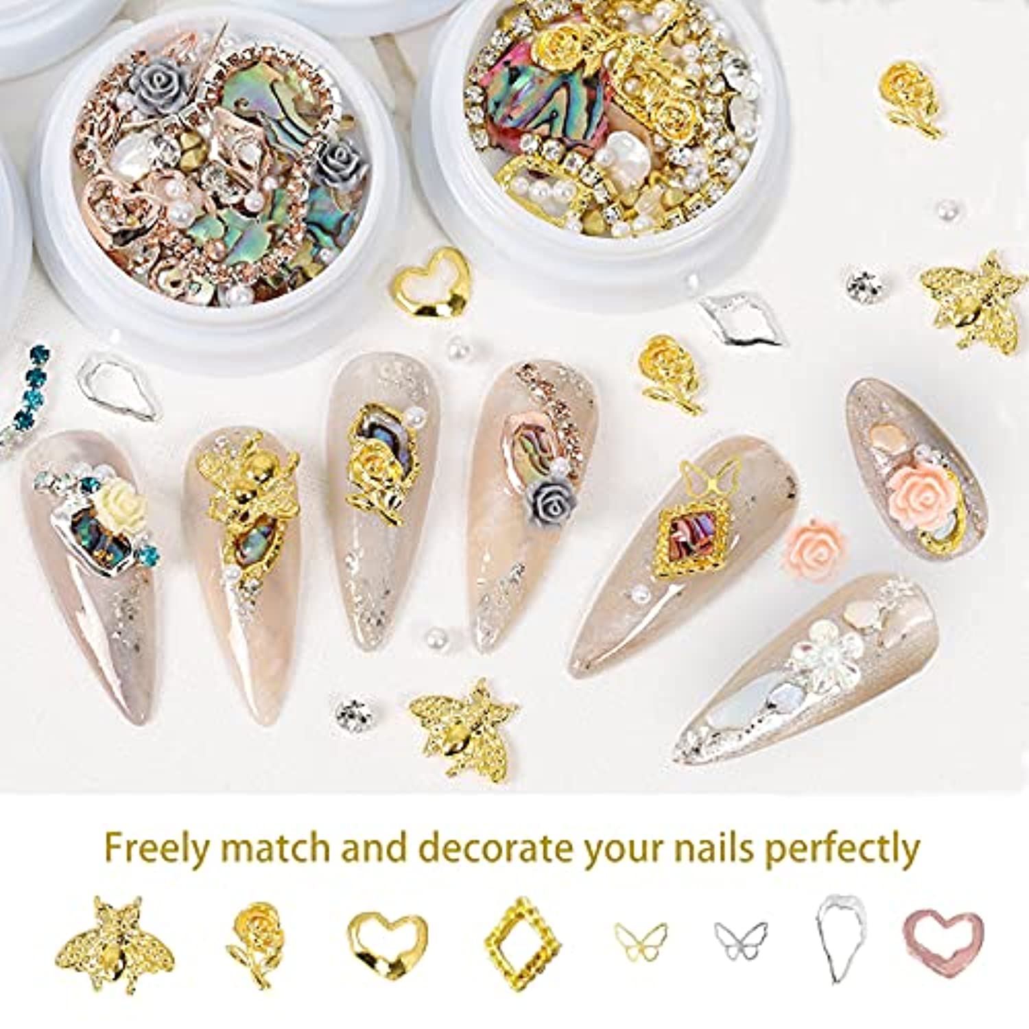 Nail art rhinestone diamond glass crystal pearl flower gemstone gemstone butterfly mason chain mixed color DIY design for nail art decoration.(8 boxes)