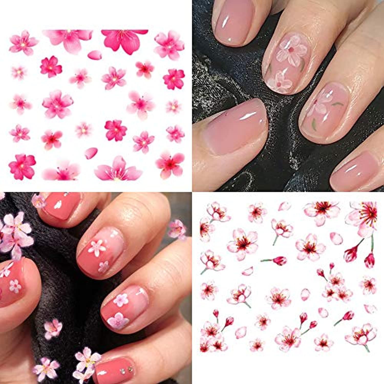 Sakura Flowers Nail Stickers Spring Water Transfer Nail Decals Cherry Blossom Nail Art Decorations Charms Nail Art Supplies Branches Leaf Petal Deer Cat Nail Design Nail Foils Tattoo for Acrylic Nail
