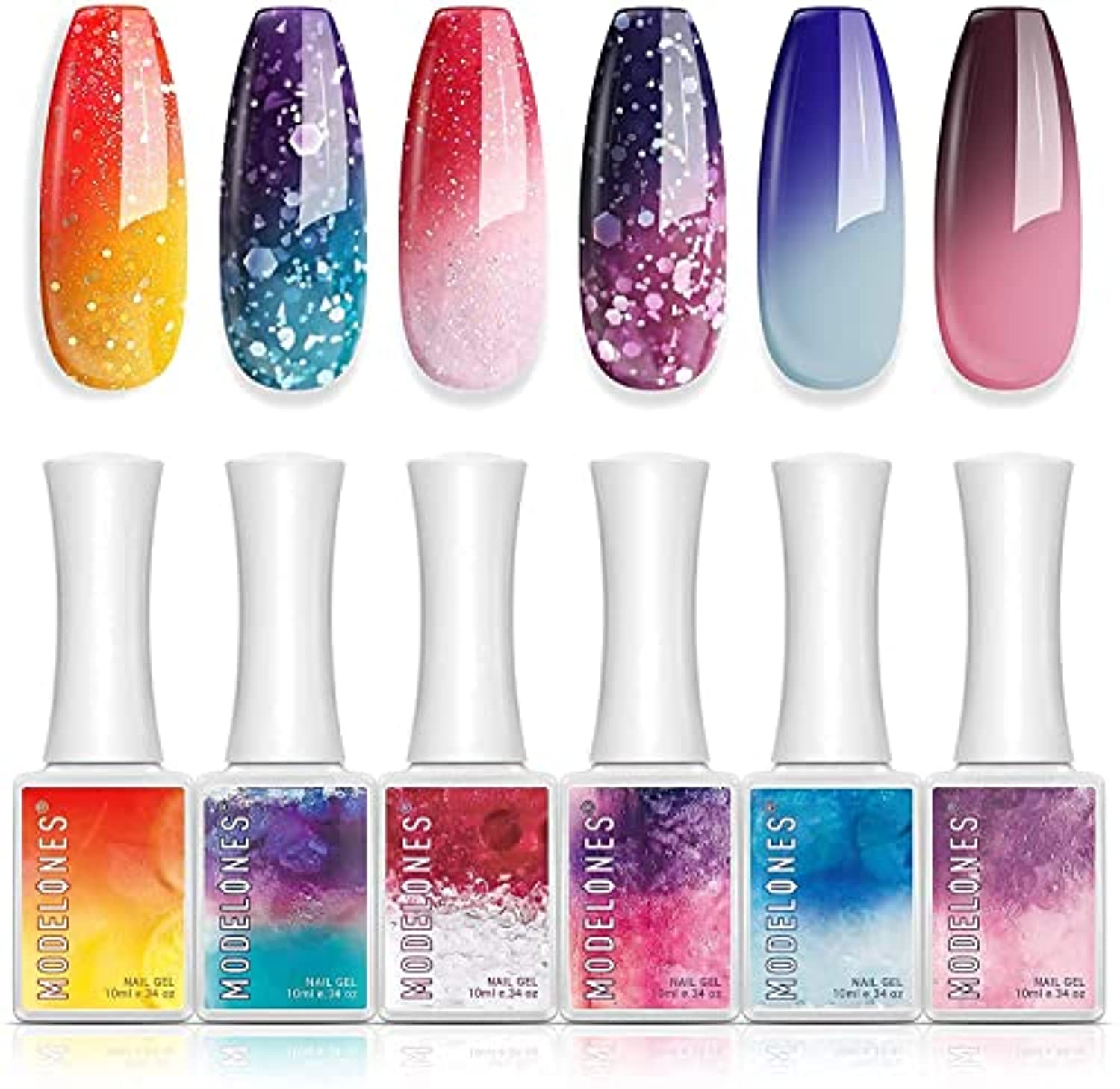 Modelones Nail Tips and Glue Gel Nail Kit with 6 Colors Mood Temperature Color Changing Gel Polish 10 ML