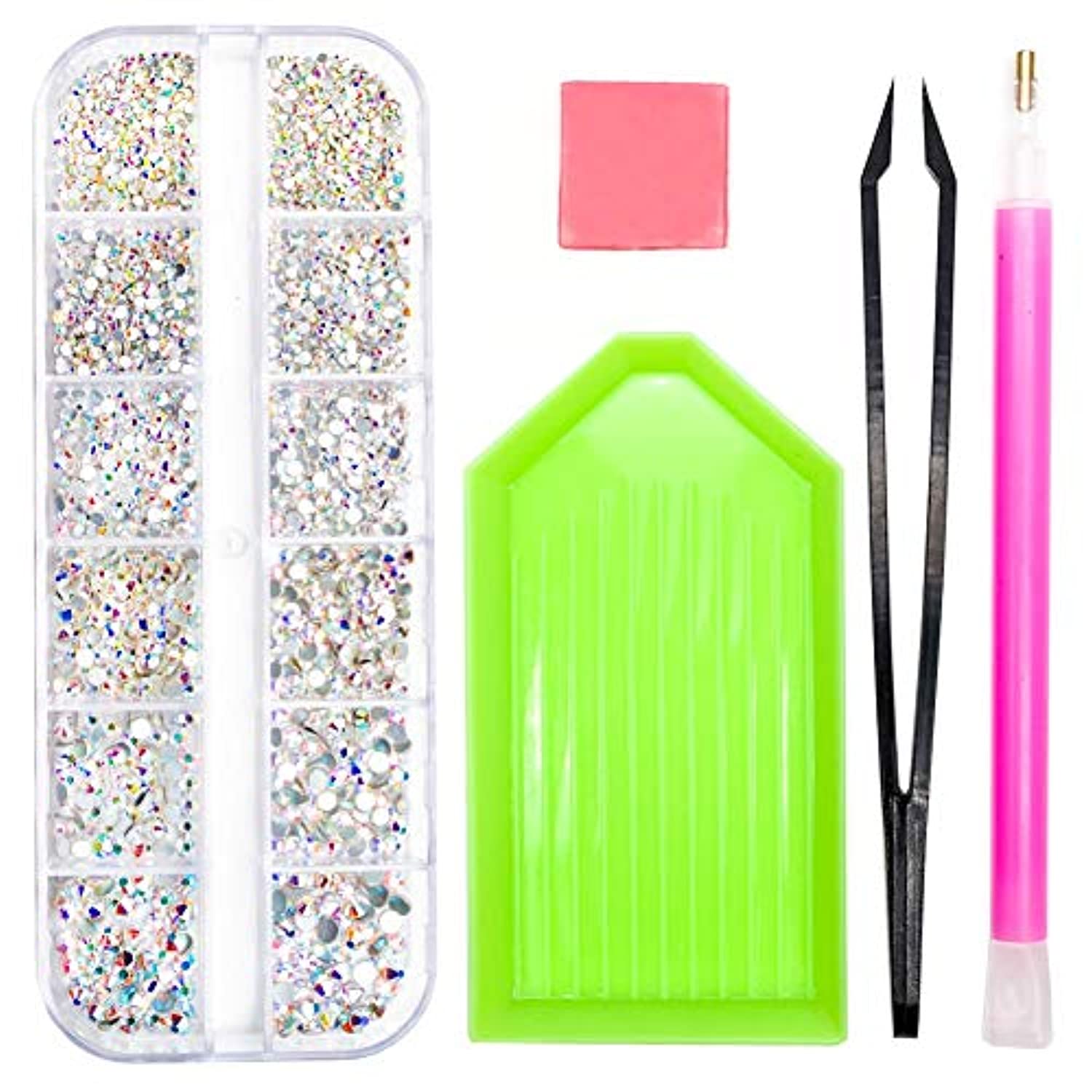 2320 Pieces Crystals Glass AB Nail Art Rhinestones, SS4/5/6/8/10/12 Mixed Nail Gems Stones, Flat Back Round Nail Diamonds with Storage Organizer Box/Picker Pencil/Tweezers for Face Clothes Shoes Decor