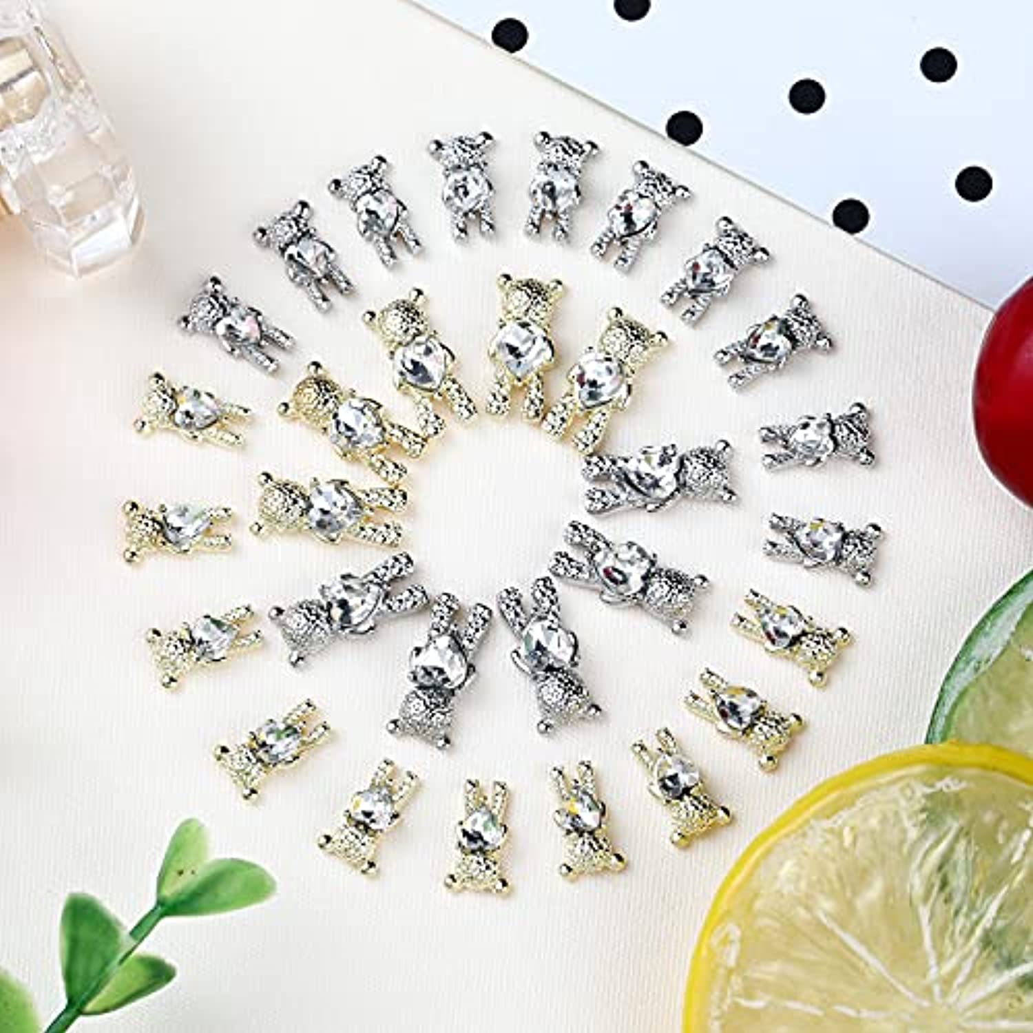 30 Pcs Nail Art Rhinestones,Shiny Alloy Bear 3D With Heart Crystal Nail Decoration,DIY Nail Art Decoration Accessories